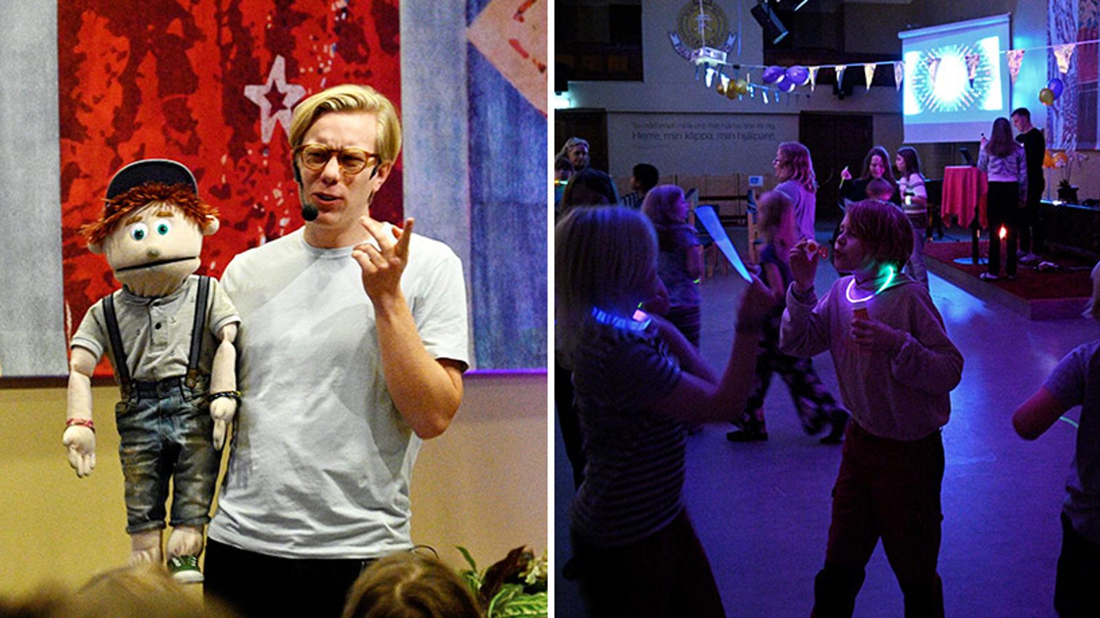Till vänster: Gabriel Wahl med sin docka Åsskar. Till höger: Barn på disco. De har på sig armband och halsband som lyser i mörkret.