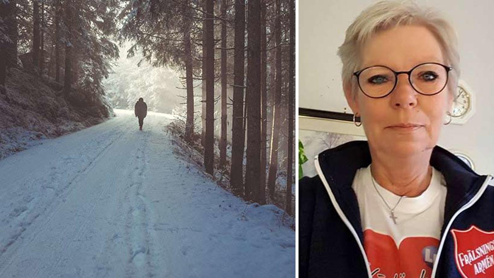 Till vänster: Ryggtavlan på en person som är ute och går på en snötäckt stig i skogen. Till höger: Porträttbild av Ihlona Sjödin.