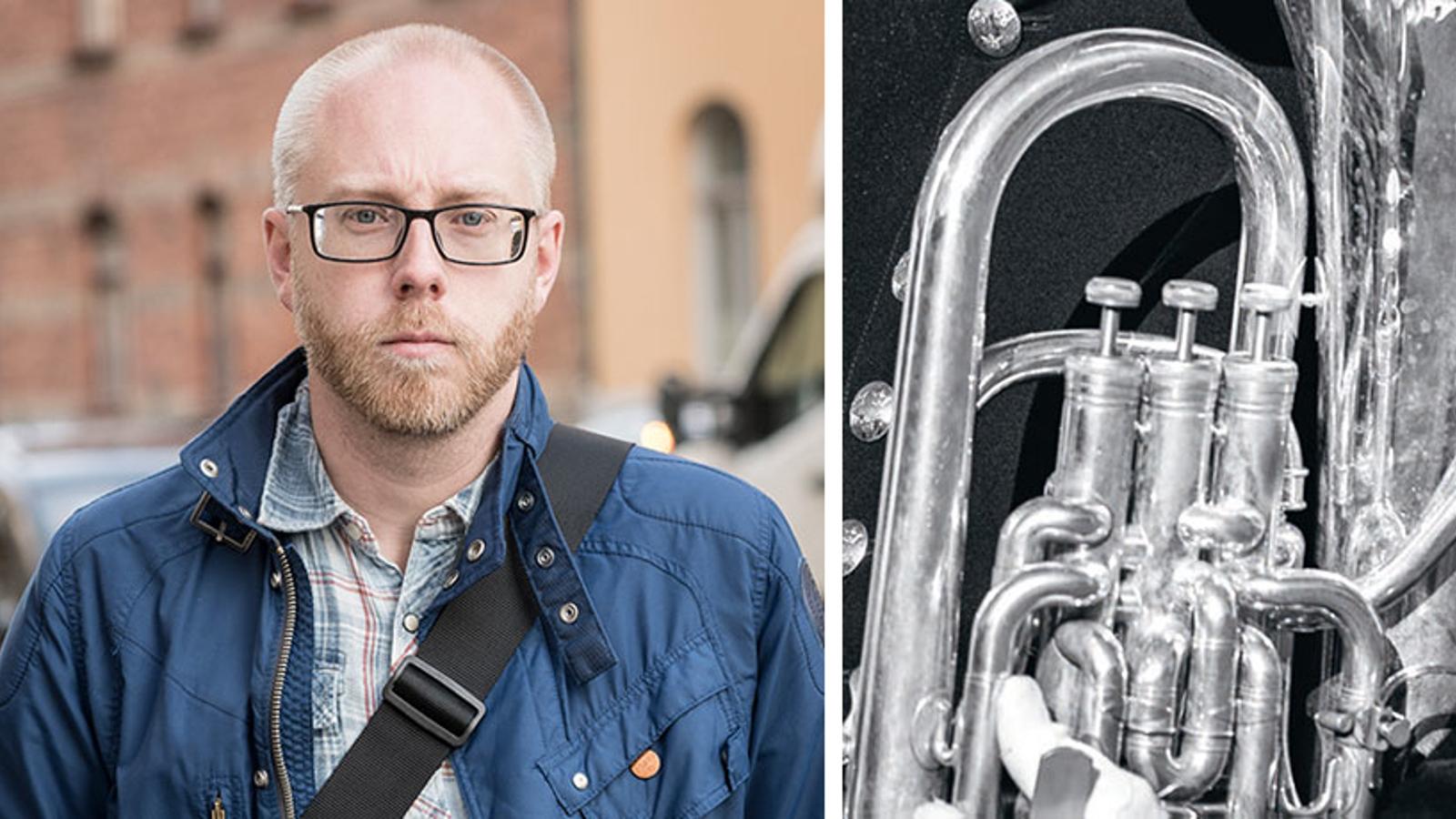 Till vänster: Porträttbild av Andreas Holmlund. Till höger: En bastuba.