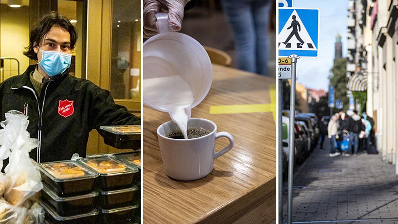 Till vänster: Richard Nilsson som är volontär på Frälsningsarmén Templet på Östermalm i Stockholm. Han delar ut matlådor och frukostpåsar till människor i utsatthet. I mitten: En person som häller mjölk i en kopp med kaffe. Till höger: Ett övergångsställe. I bakgrunden syns en samlad grupp människor.   