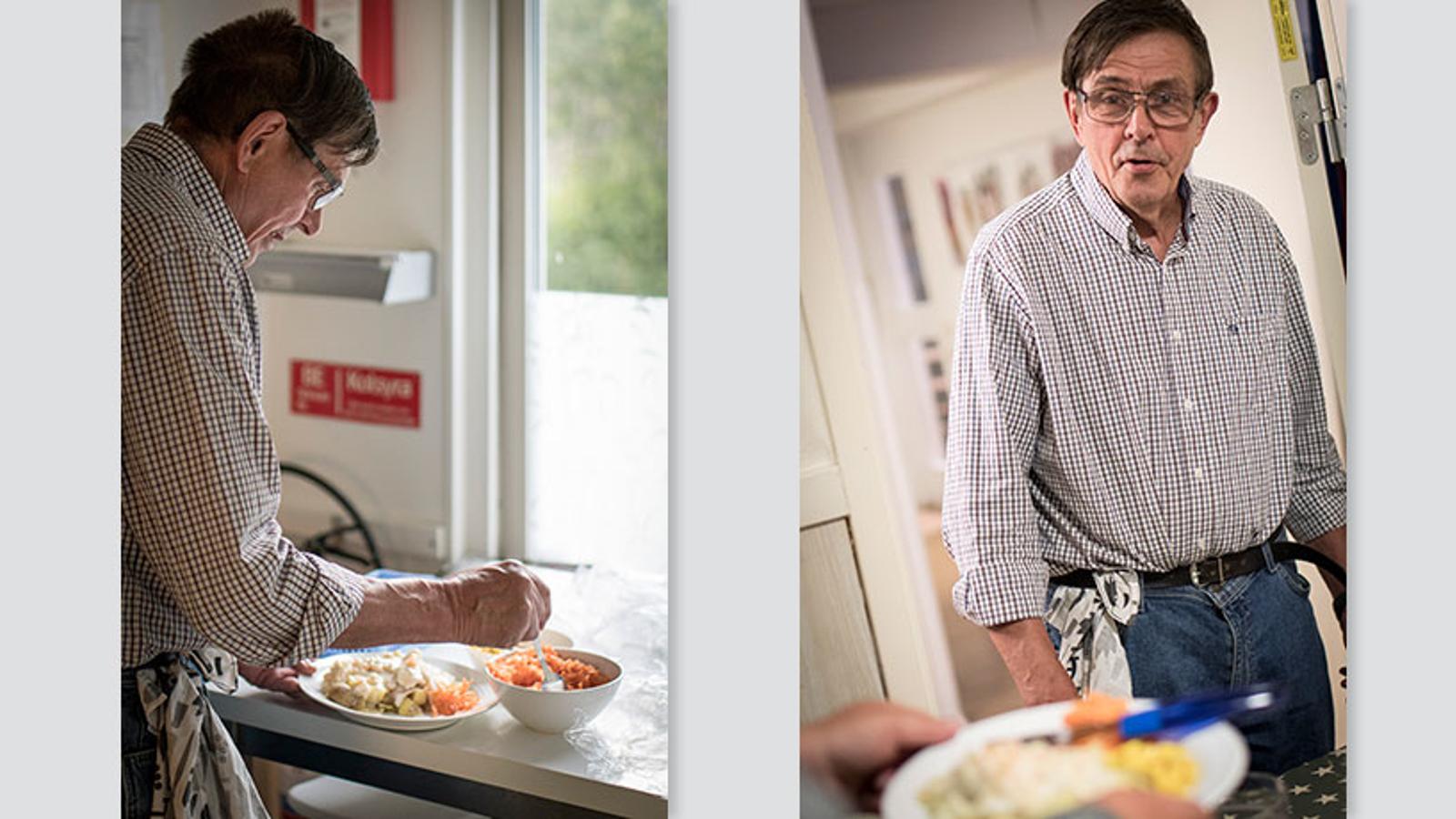 Till vänster: Börje Glandberger står i köket på Sagahemmet i Uppsala och gör iordning en tallrik med mat på. Till höger: Börje står i en dörröppning och tittar på en person som håller i en tallrik med mat på.