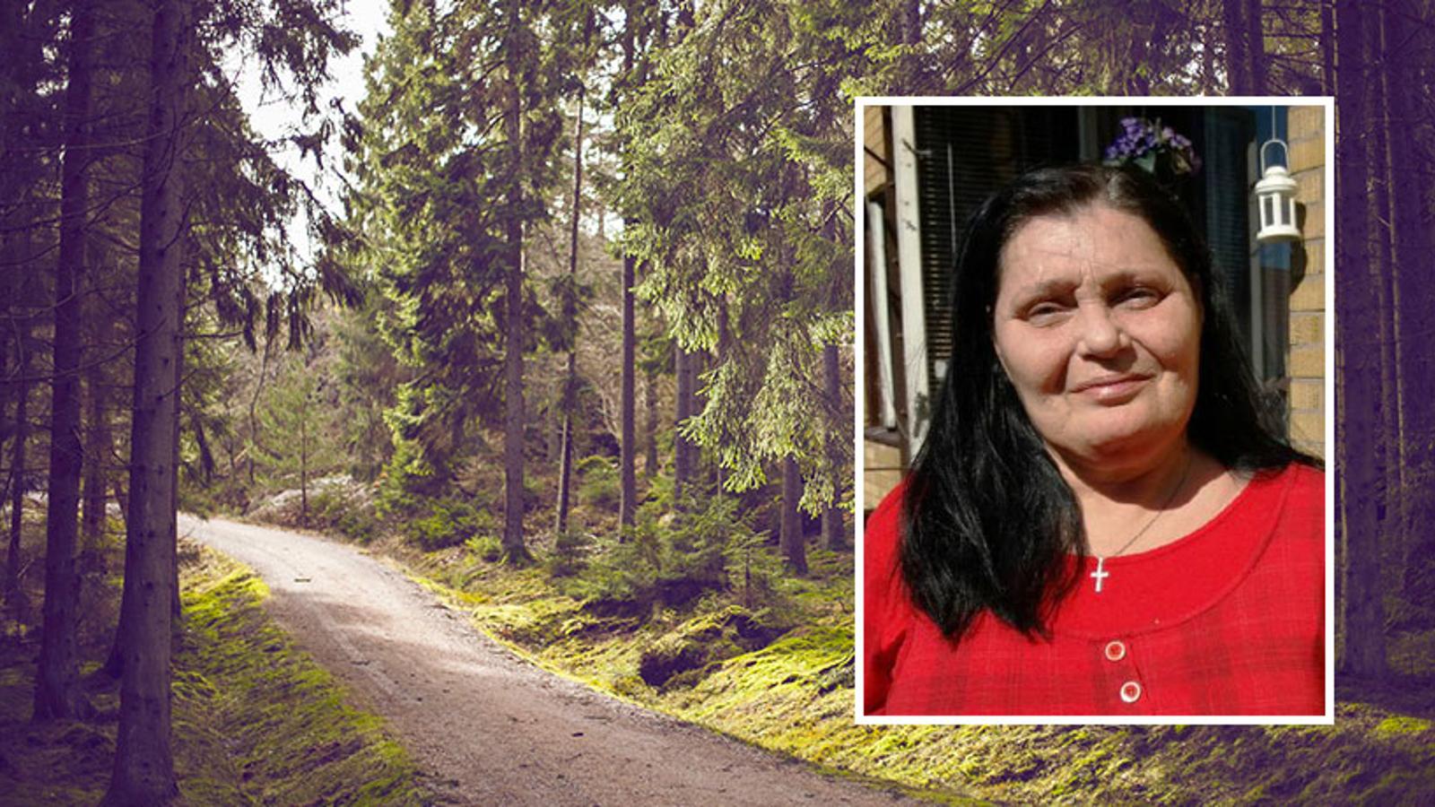 Till vänster: En stig av grus i skogen. Till höger: Porträttbild av Catharina Gustafsson.