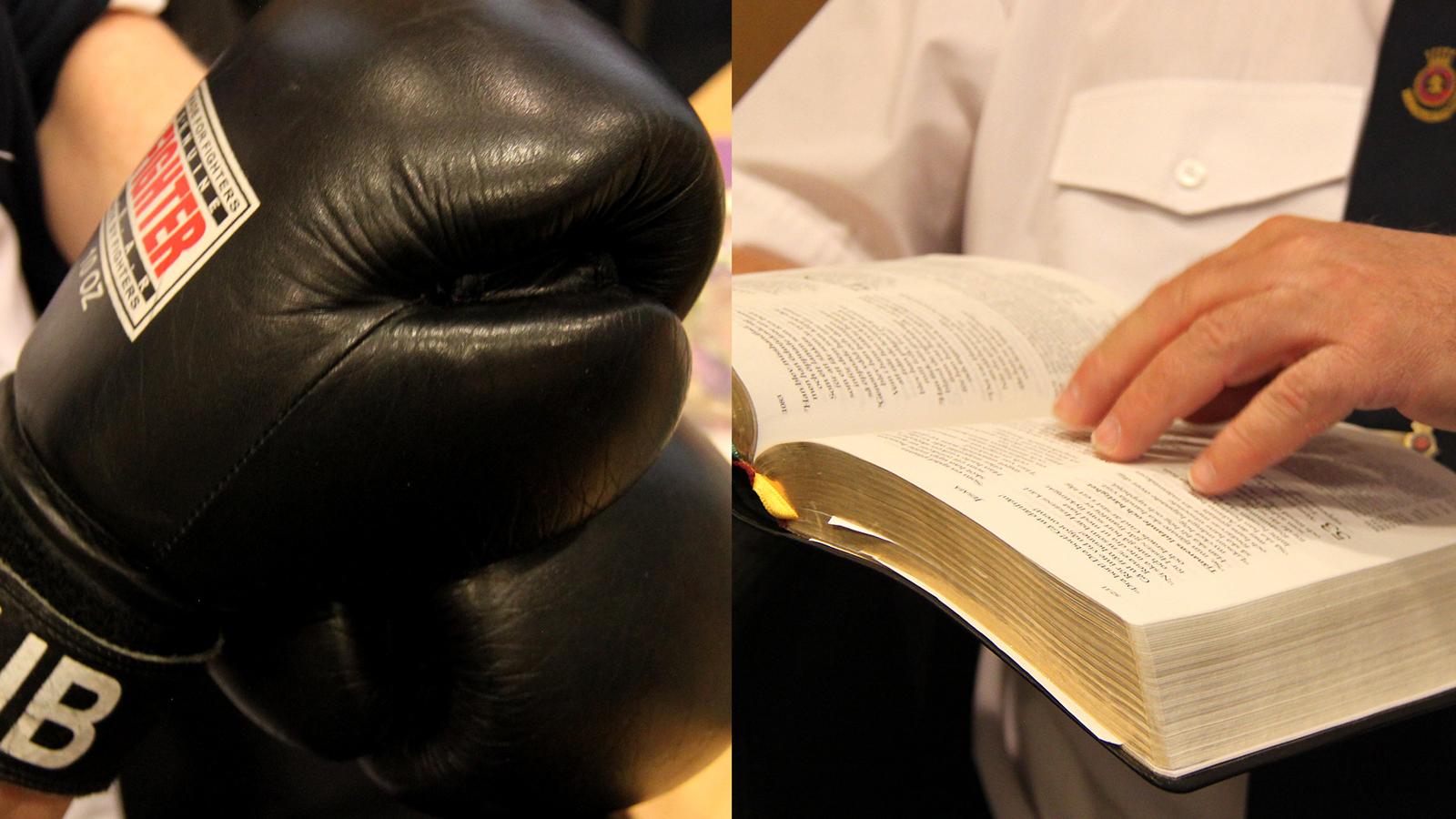 Till vänster: En boxningshandske. Till höger: En uppslagen bibel.