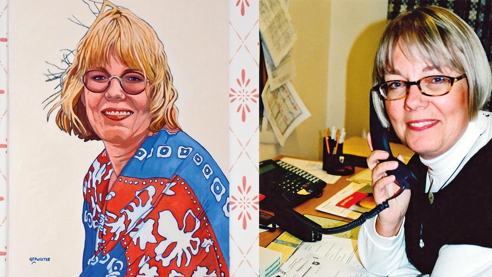 Till vänster en målning av Britt-Marie Rossiter målad av Gordon Rossiter. Till höger - ett foto av Britt-Marie sittande vid ett skrivbord .