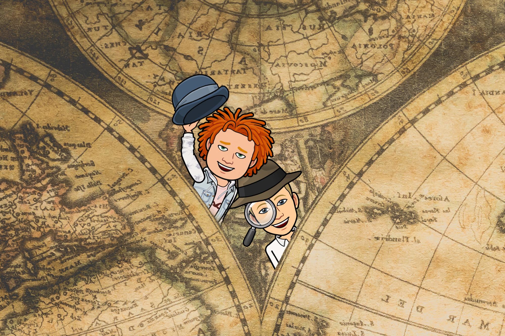 Åsskar och Gabriel framför en historisk karta