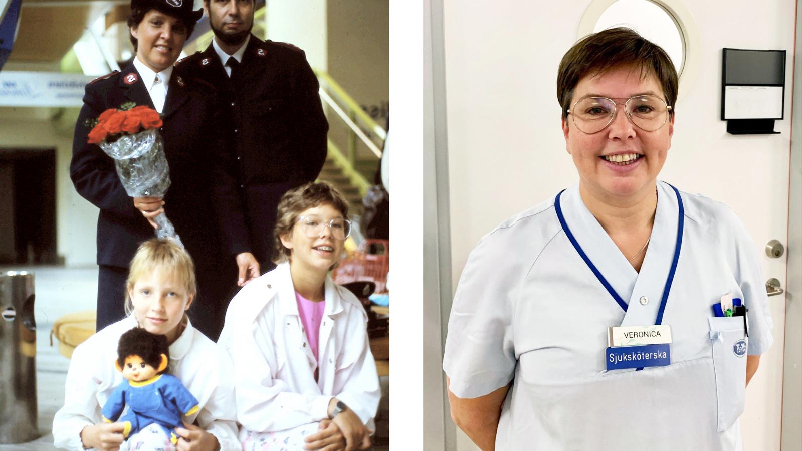 Till vänster - Veronica som barn inför resan till Portugal med familjen. Till höger - Veronica Wahlström arbetar som sjuksköterska.