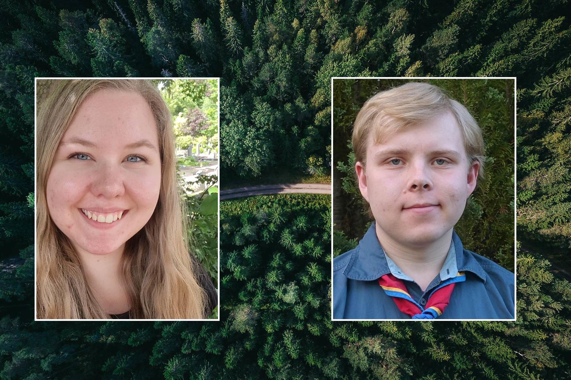 Hanna och Erik som är medlemmar i Frälsningsarméns ungdomsråd. Bakgrunden består av en bild som är tagen uppe i luten ned på en skog.
