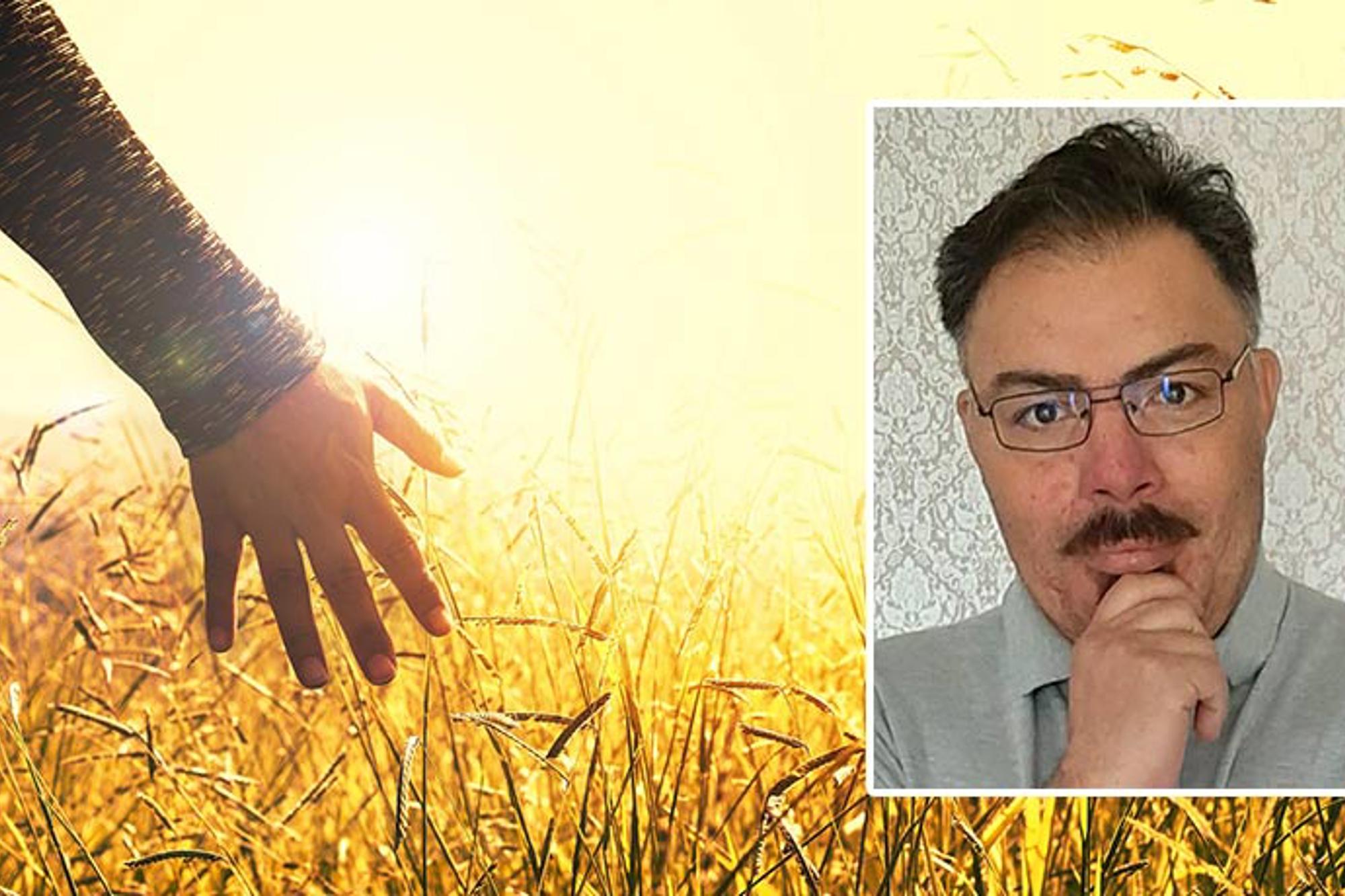Till vänster: En person som drar handen mot grässtrån på en äng. Till höger: Porträttbild av Alexis Magnusson.