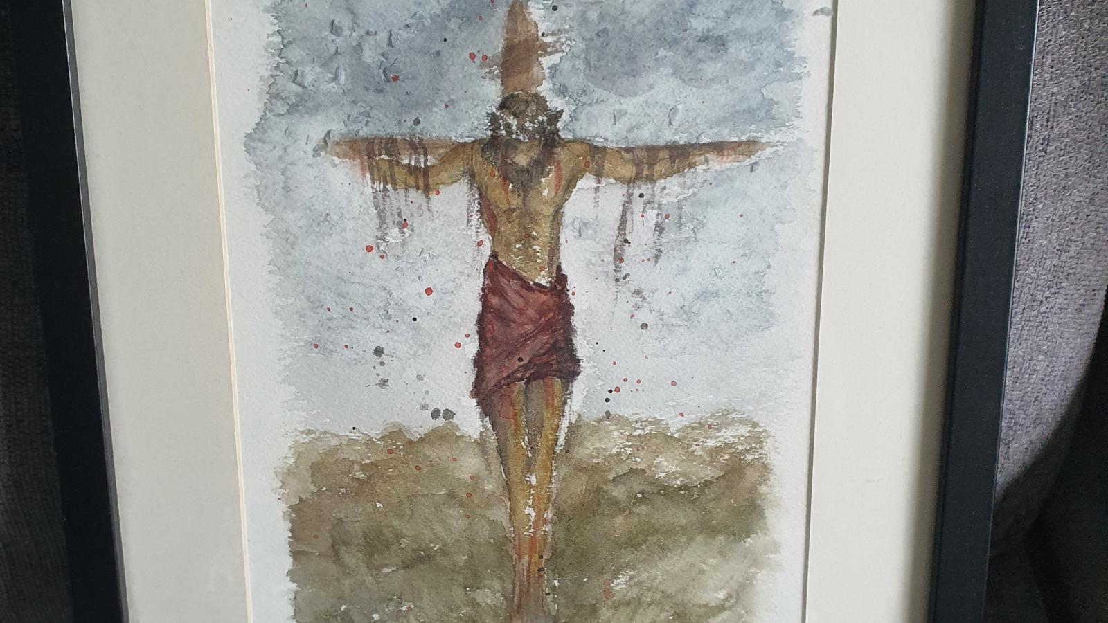  En akvarelltavla med Kristus på korset, gjord av ©LB Frälsningsarmén Norrköping