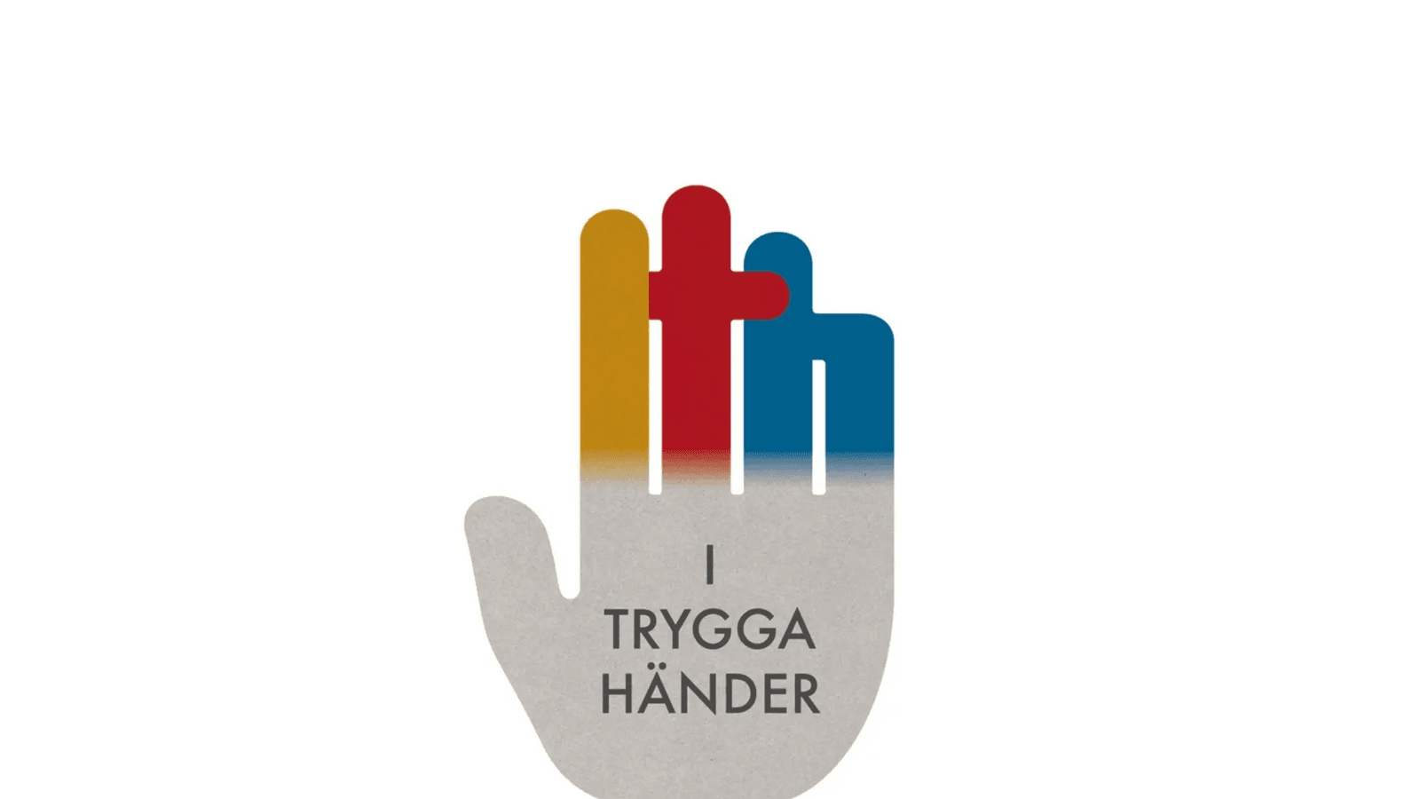En grafisk handflata som gör stopptecken med texten I TRYGGA HÄNDER