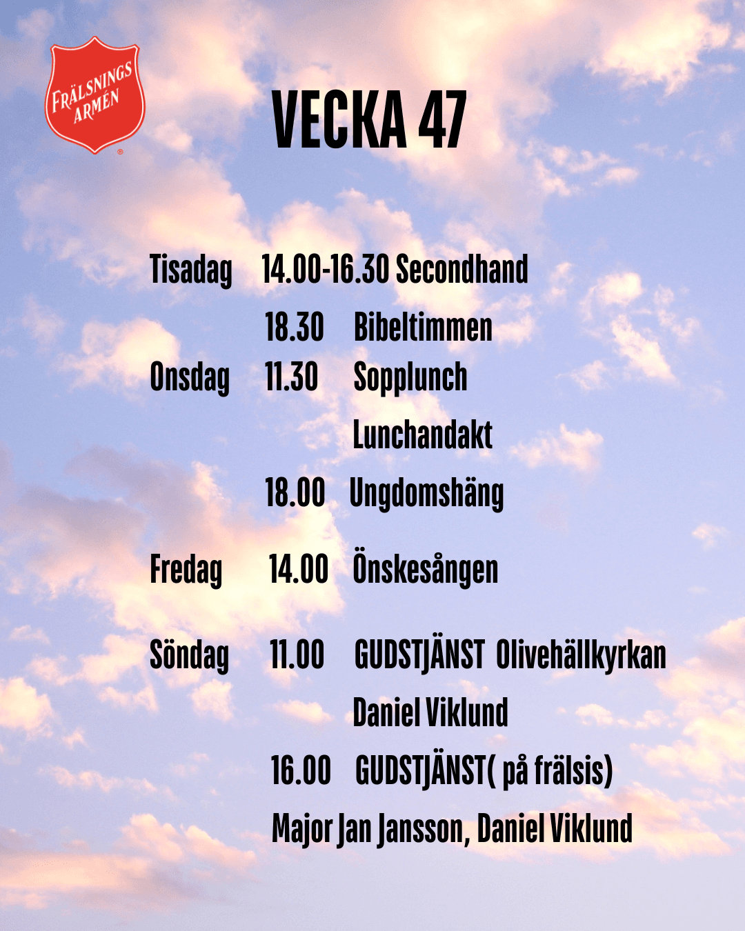 Veckoschema för Frälsningsarmén i Strängnäs.