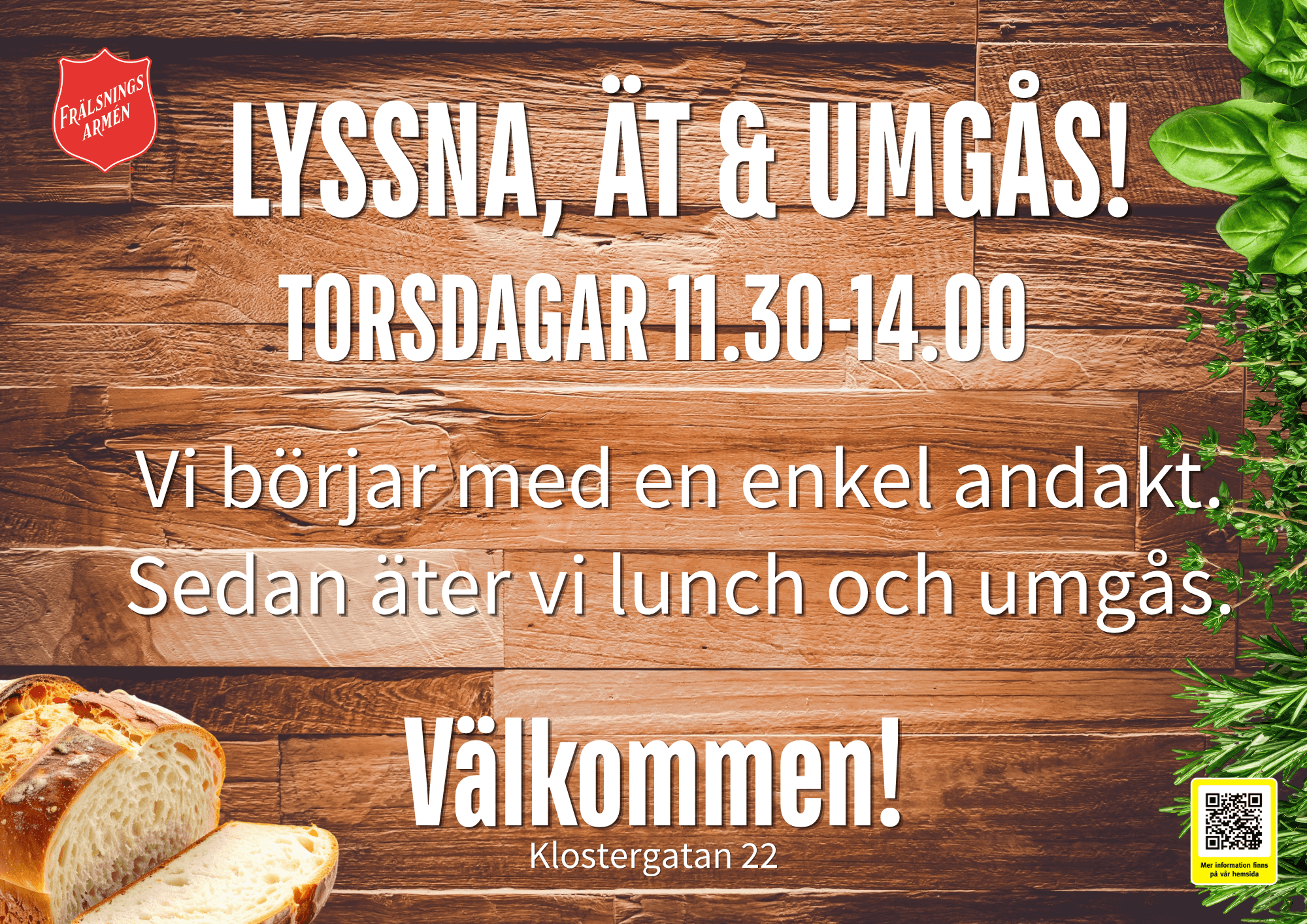Öppet hus, andakt, lunch, Frälsningsarmén, Skellefteå, Klostergatan