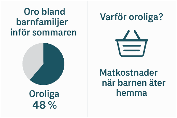 Oro bland barnfamiljer inför sommaren - 48%. de är oroliga över matkostnaderna när barnen äter hemma. 