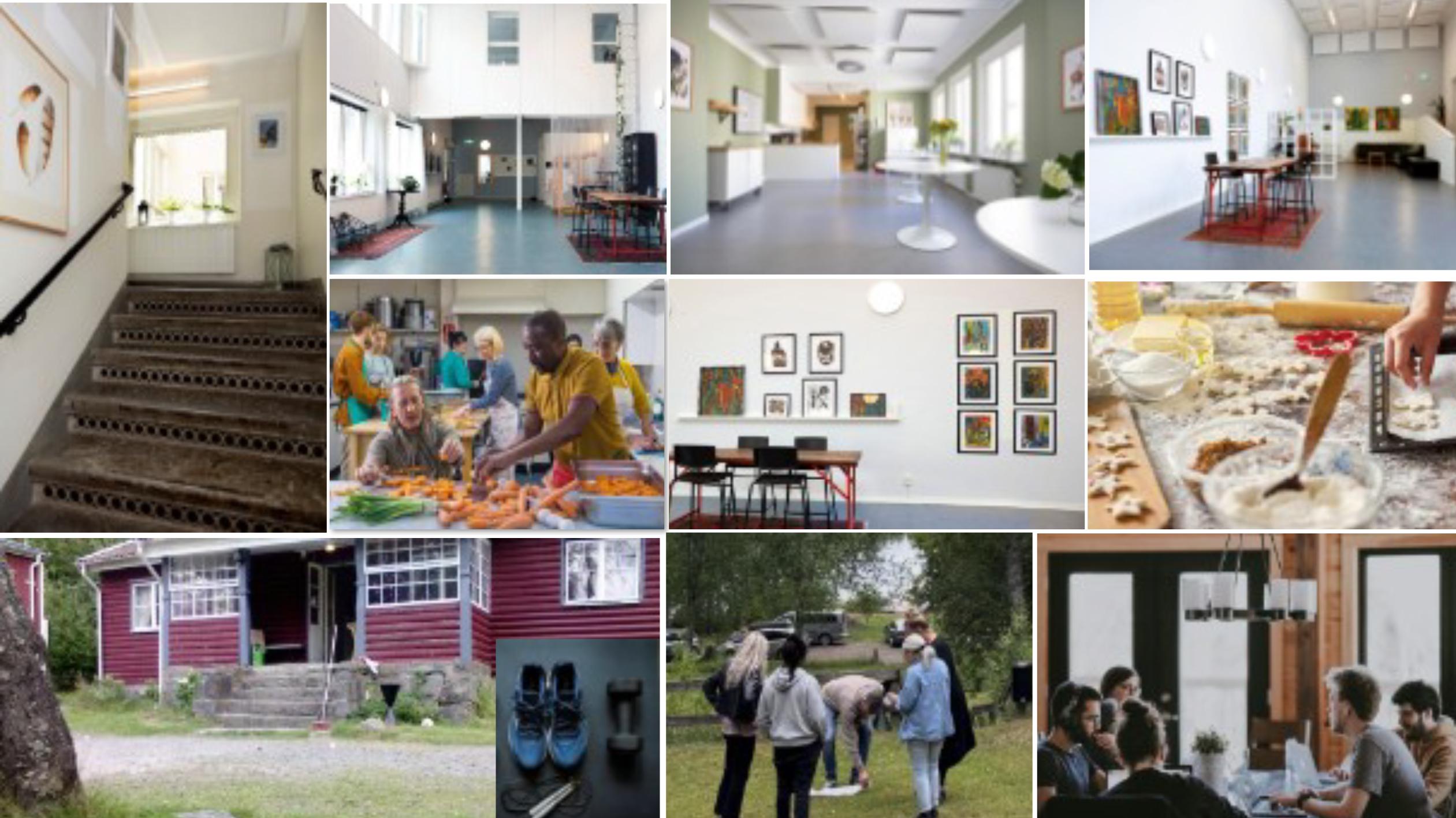 En collagebild med bilder från gemenskap vid bland annat matlagning, lägergården Knappekulla samt bilder på rummen på Öppenvård station bangatan.