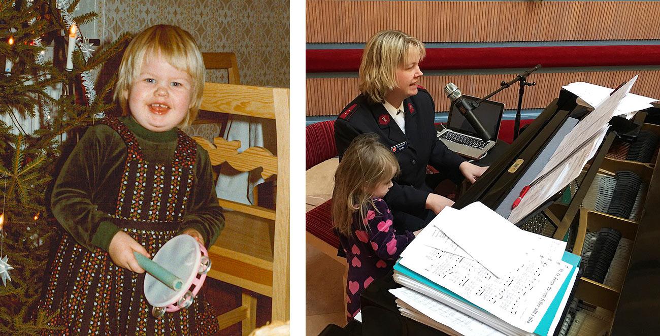Elisabeth Grahn - till vänster som liten flicka med en tamburin i handen, till höger som vuxen där hon spelar piano och sjunger.