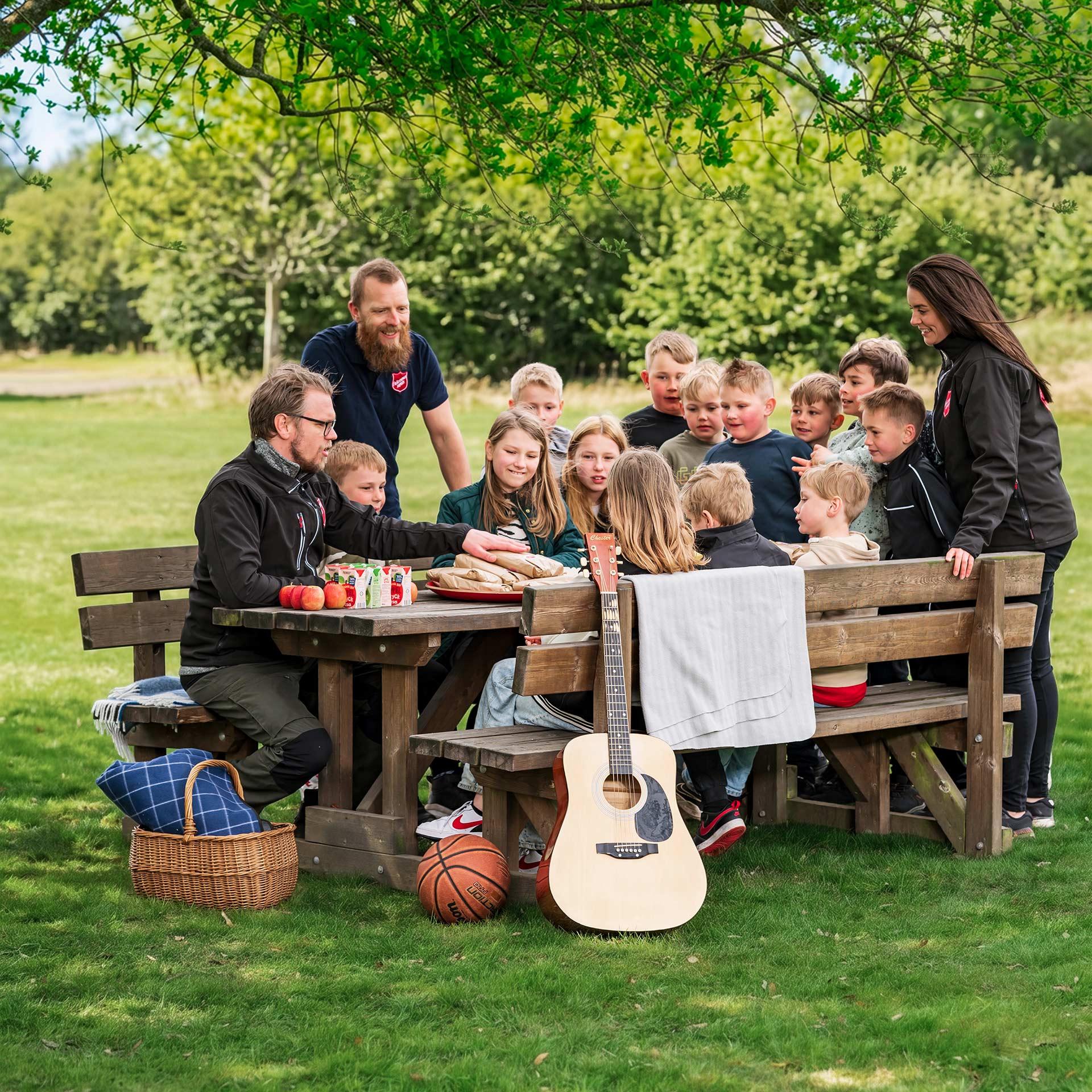 Ett gäng barn tillsammans med ledare från Frälsningsarmén har picknick vid ett bord ute i ett grönområde.
