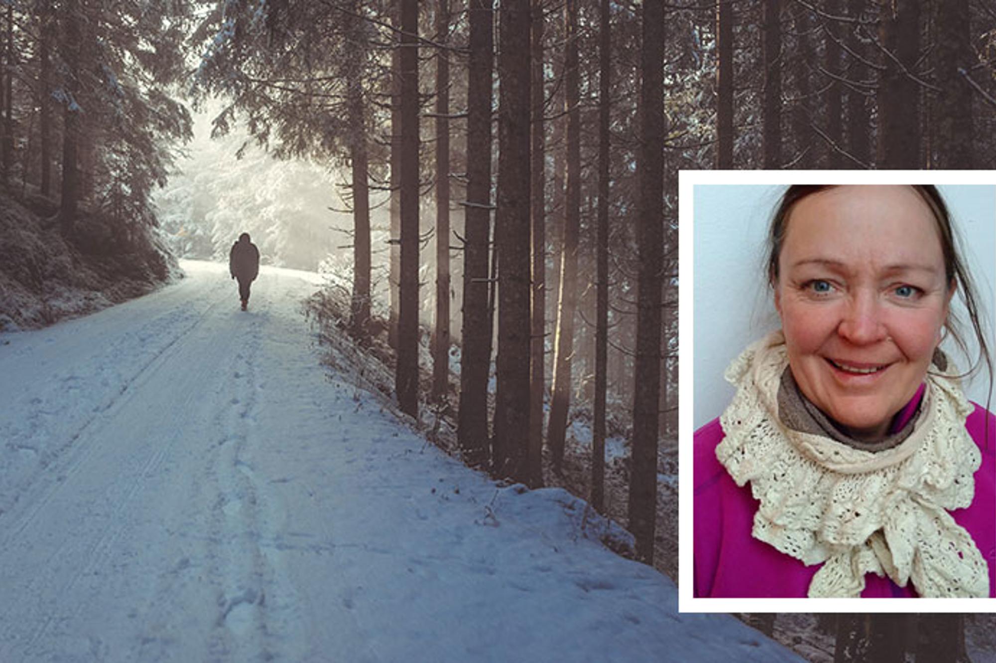 Till vänster: Ryggtavlan på en person som är ute och går på en snötäckt stig i skogen. Till höger: Susann Karlsson.