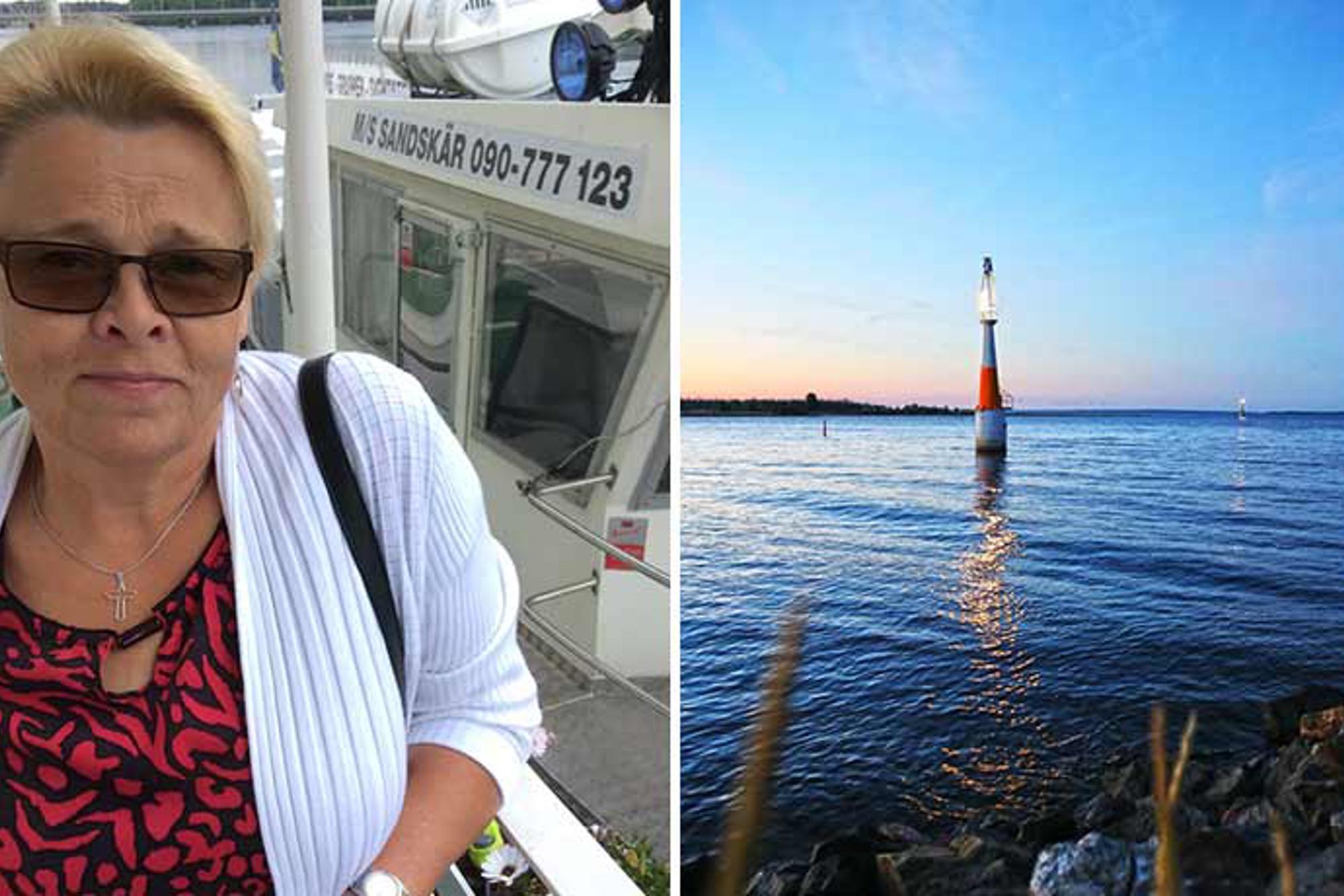 Till vänster: Eva Zetterlund ombord på en färja. Hon står lutad mot ett räcke och tittar in i kameran. Till höger: En bild tagen från en strandkant på ett hav. 