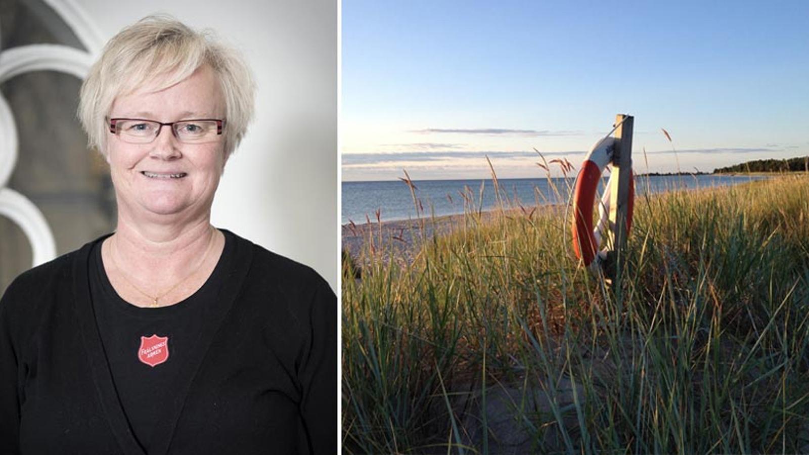 Till vänster: Porträttbild av Anna-Lena Hjerpe. Till höger: En livboj som hänger på en stång vid en sandstrand.