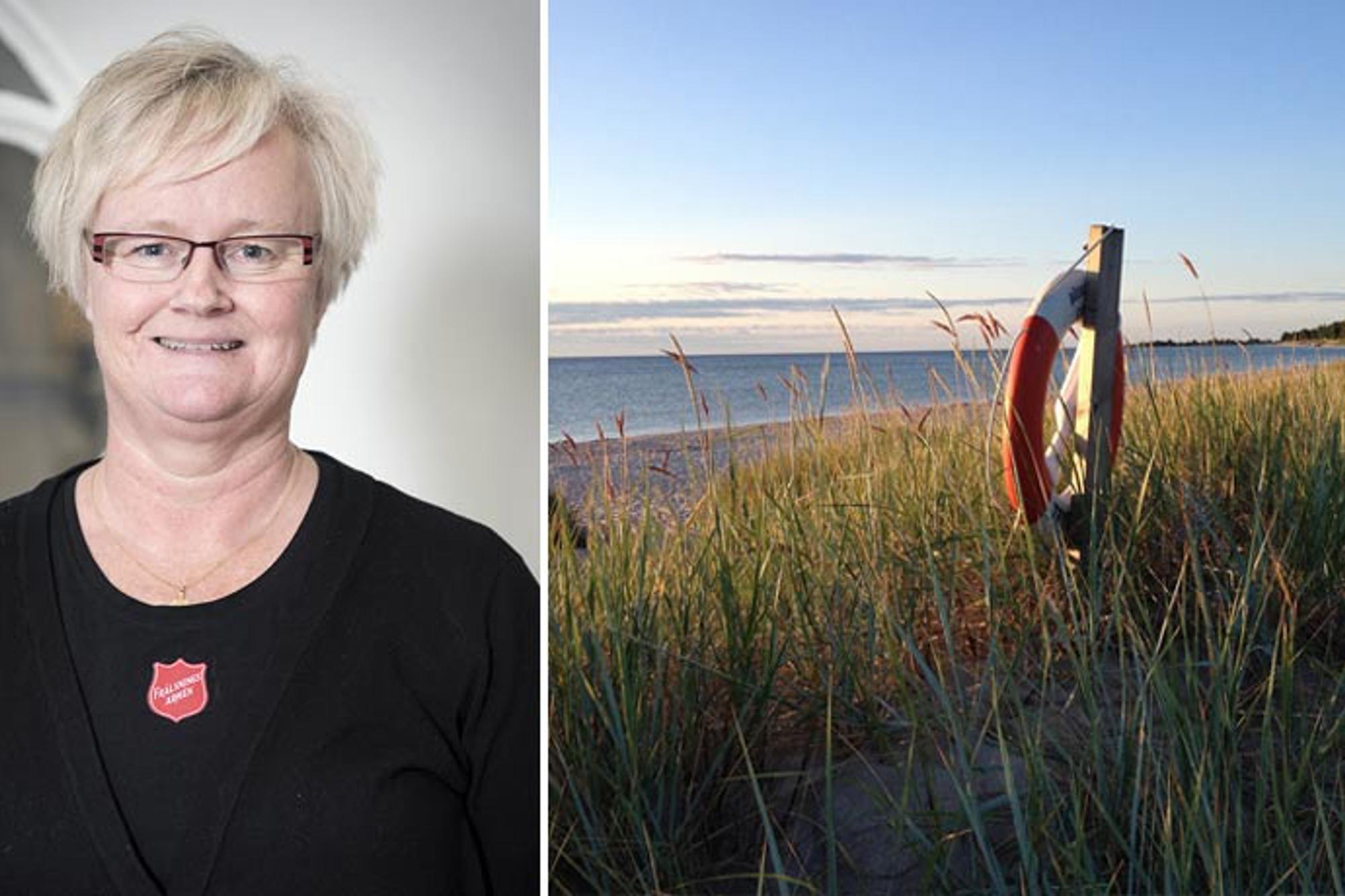 Till vänster: Porträttbild av Anna-Lena Hjerpe. Till höger: En livboj som hänger på en stång vid en sandstrand.