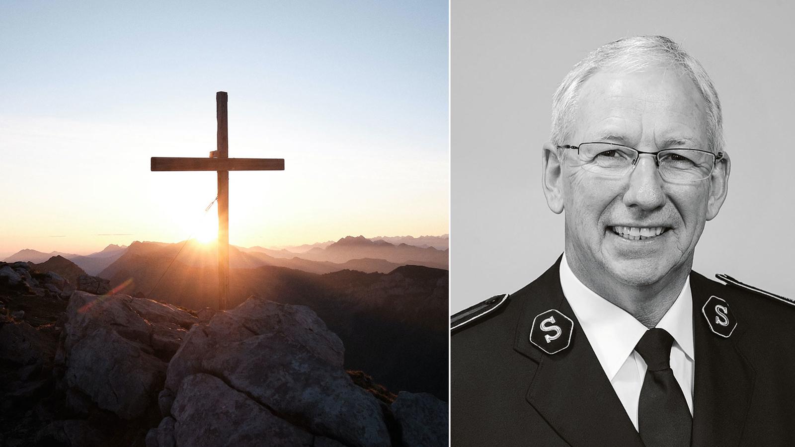 Till vänster: Ett kors som står uppe på ett berg. I bakgrunden lyser solstrålar, från en solnedgång, på korset. Till höger: Porträttbild av Brian Peddle.