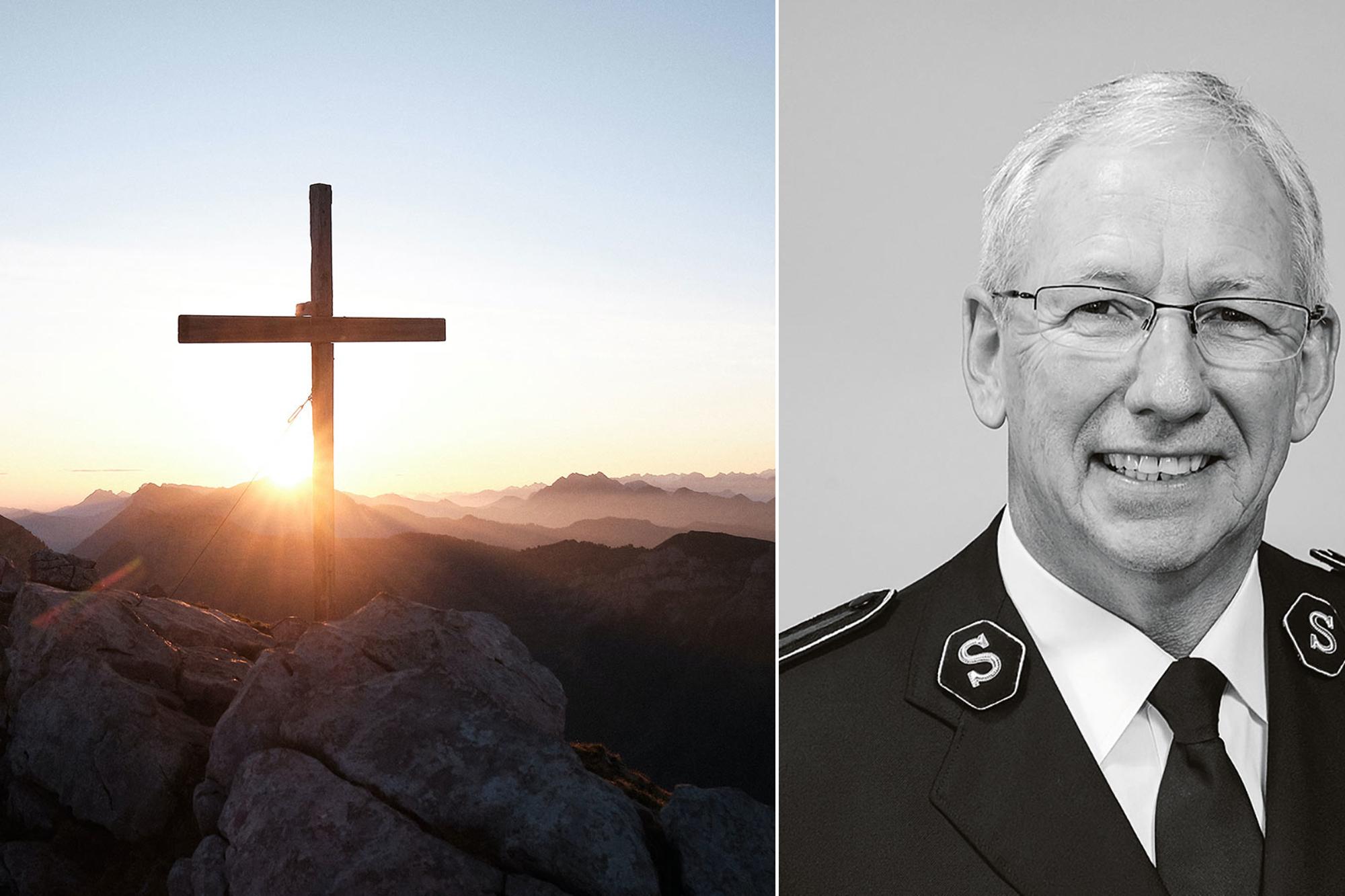 Till vänster: Ett kors som står uppe på ett berg. I bakgrunden lyser solstrålar, från en solnedgång, på korset. Till höger: Porträttbild av Brian Peddle.