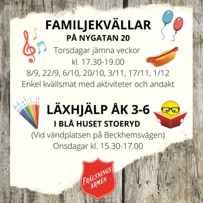 Familjekvällar på Nygatan 20 samt Läxhjälp årskurs 3-6 på Stoeryd