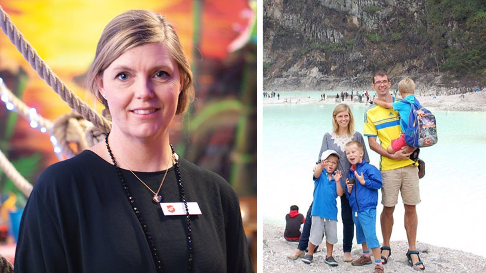 Till vänster: Porträttbild av Elin Hammarberg. Till höger: Elin och hennes familj på utflykt till en vulkansjö i Indonesien. 