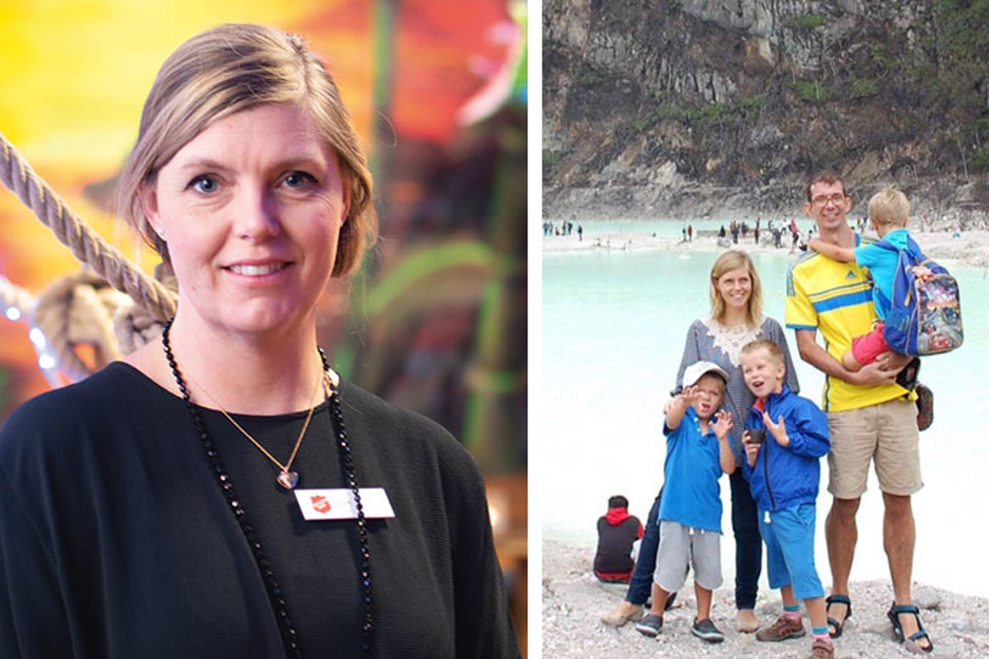 Till vänster: Porträttbild av Elin Hammarberg. Till höger: Elin och hennes familj på utflykt till en vulkansjö i Indonesien. 