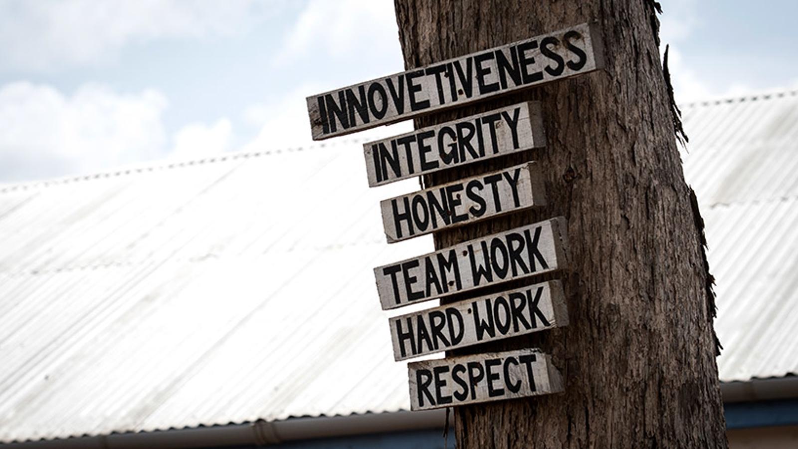 6 skyltar, med olika ord, som sitter på ett träd. På skyltarna står det "Innovetiveness", "Integrity", "Honesty", "Teamwork", "Hard work" och "Respect".