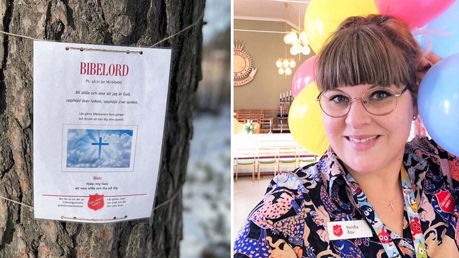 Till vänster: En Frälsningsarméns-lapp med bibelord som sitter på ett träd. Till höger: Pernilla Ålöv, familjekonsulent på Frälsningsarmén i Eksjö.