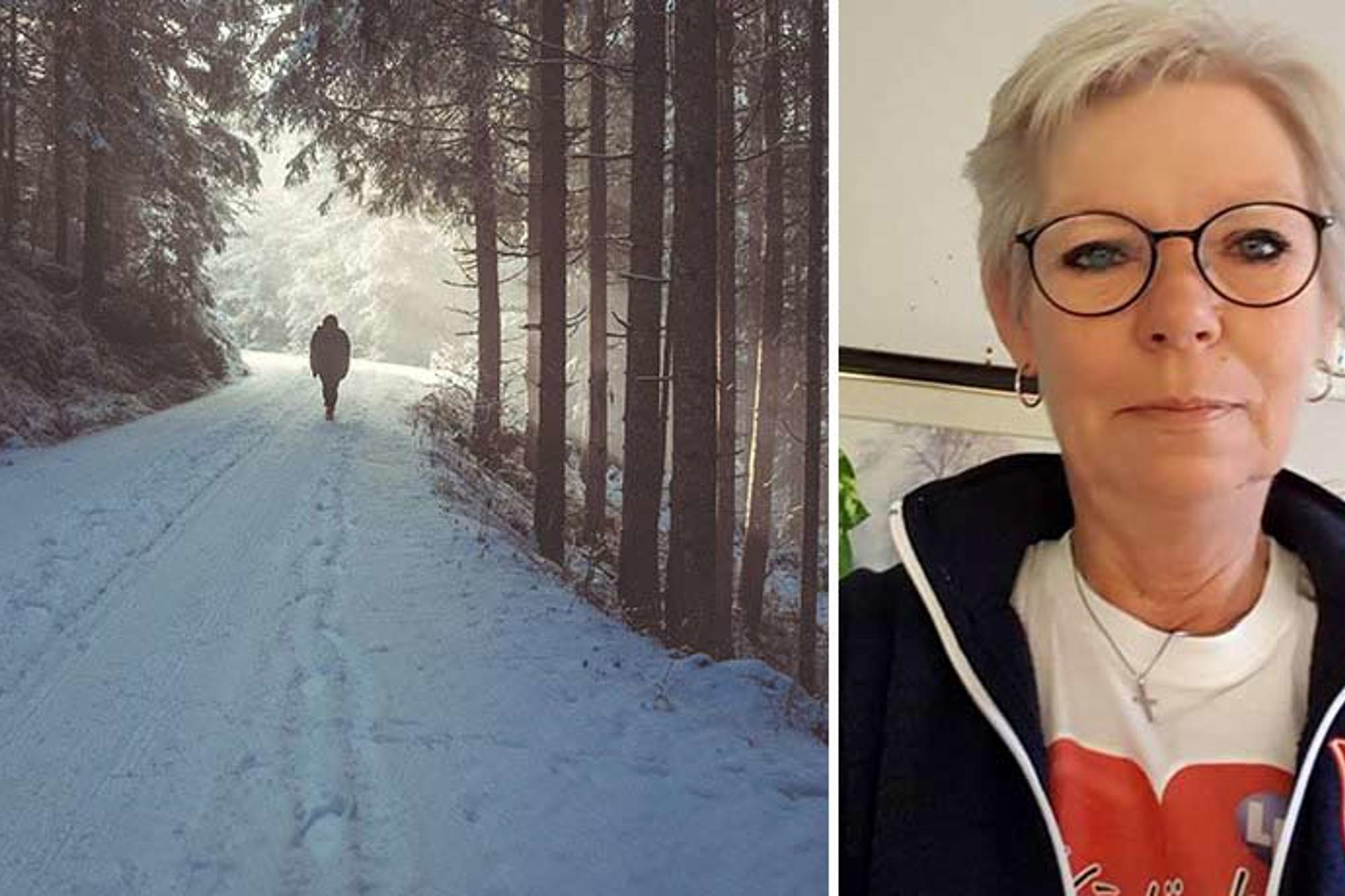 Till vänster: Ryggtavlan på en person som är ute och går på en snötäckt stig i skogen. Till höger: Porträttbild av Ihlona Sjödin.