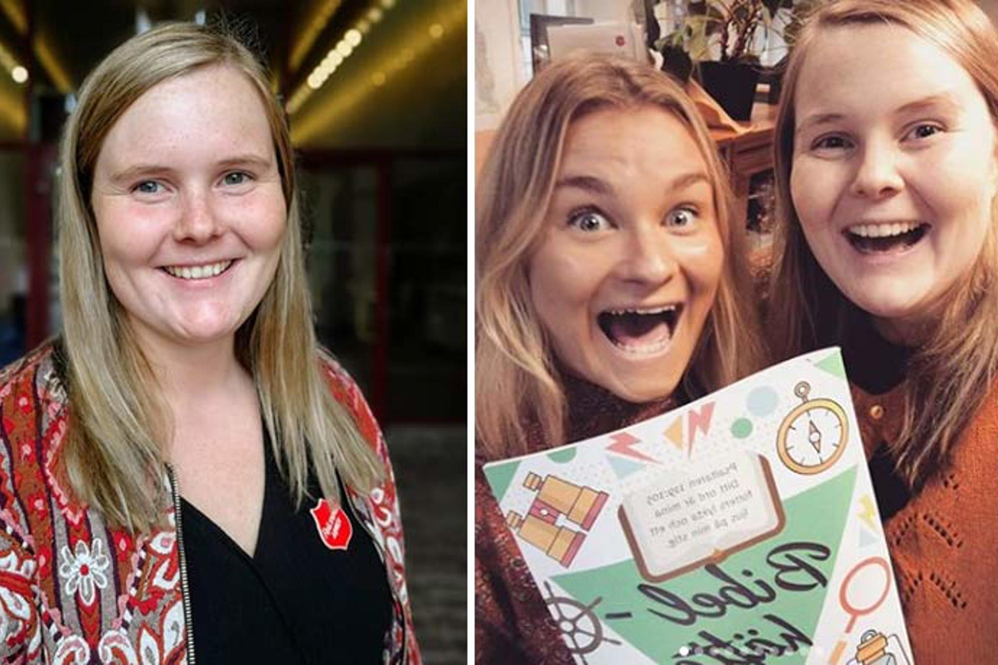 Till vänster: Porträttbild av Lina Melkersson som ler mot kameran. Till höger: Lina tillsammans med kollegan Julia Adolfsson. De håller upp en bok och ler stort mot kameran. 