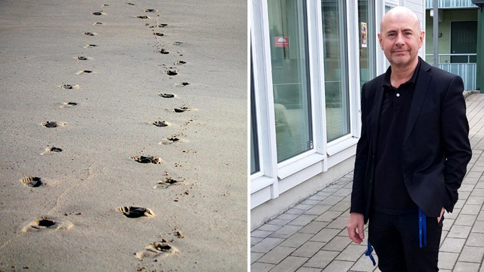 Till vänster: Fotspår på sanden. Till höger: Porträttbild av Leon Giles.