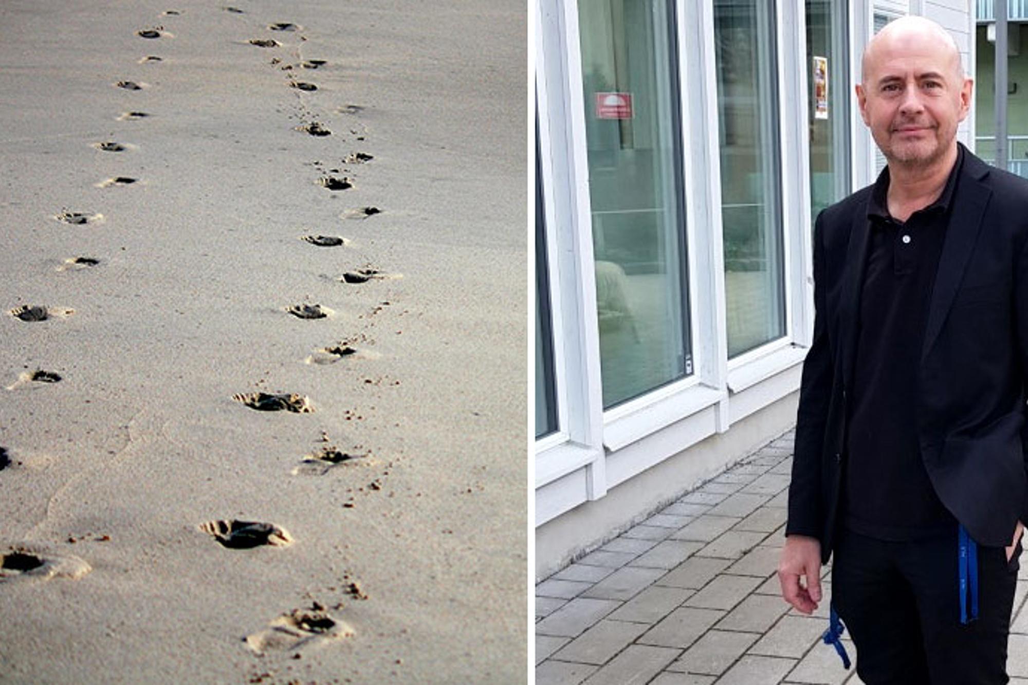 Till vänster: Fotspår på sanden. Till höger: Porträttbild av Leon Giles.