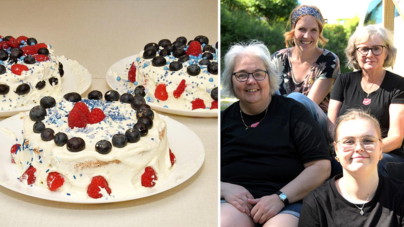 Till vänster: Tre tårtor med grädde, blåbär och jordgubbar. Till höger: Fyra kvinnor som är ledare på kollot.