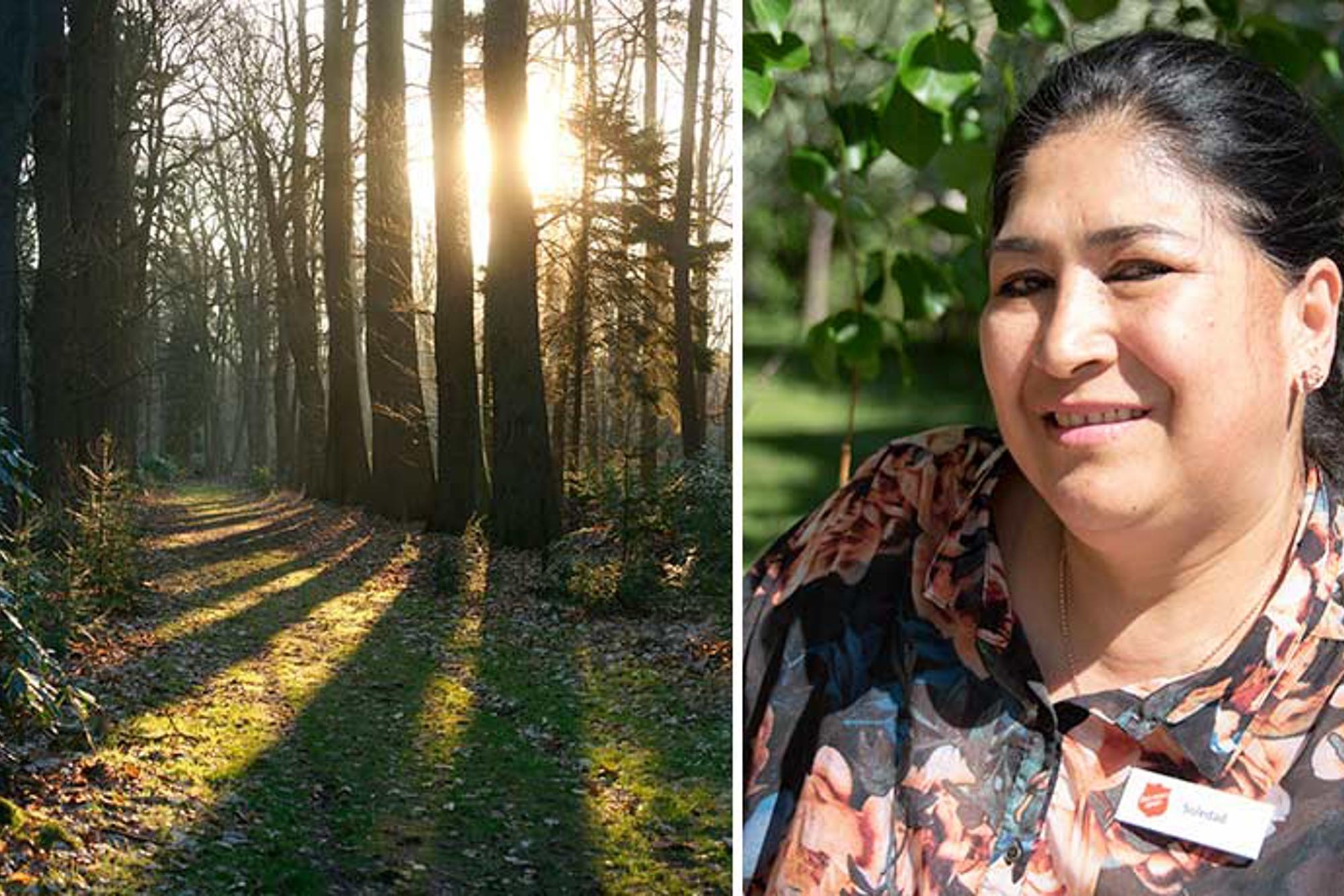 Till vänster: En stig i skogen. Till höger om stigen kikar solstrålar fram igenom några träd. Till höger: Porträttbild av Soledad.