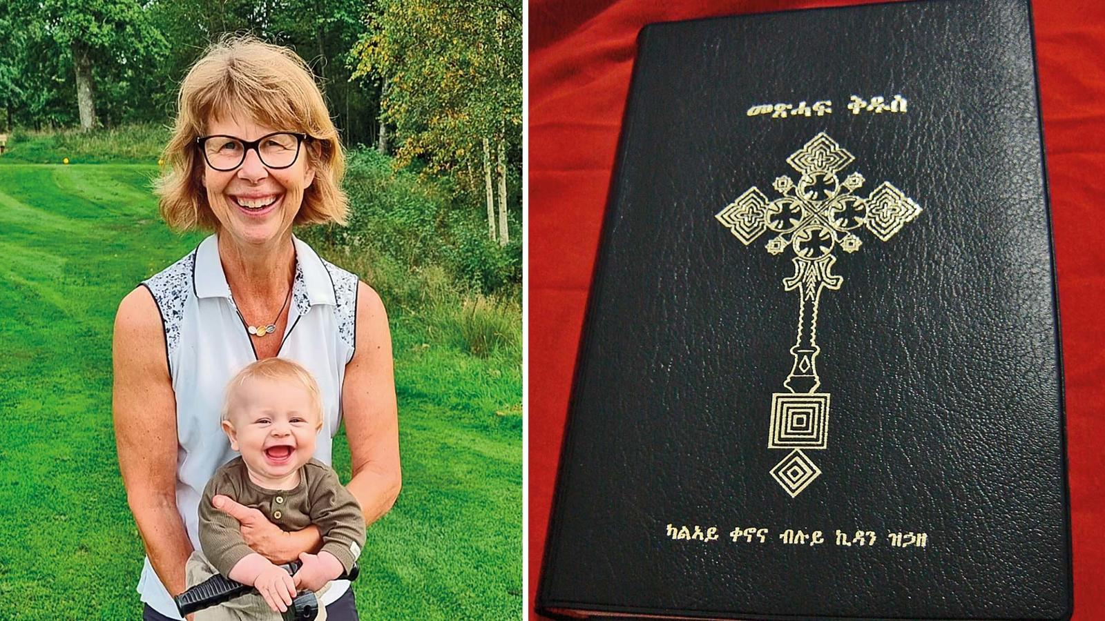 Simon Arvidssons mamma till vänster med ett litet barn i famnen. Till höger en eritriansk bibel.