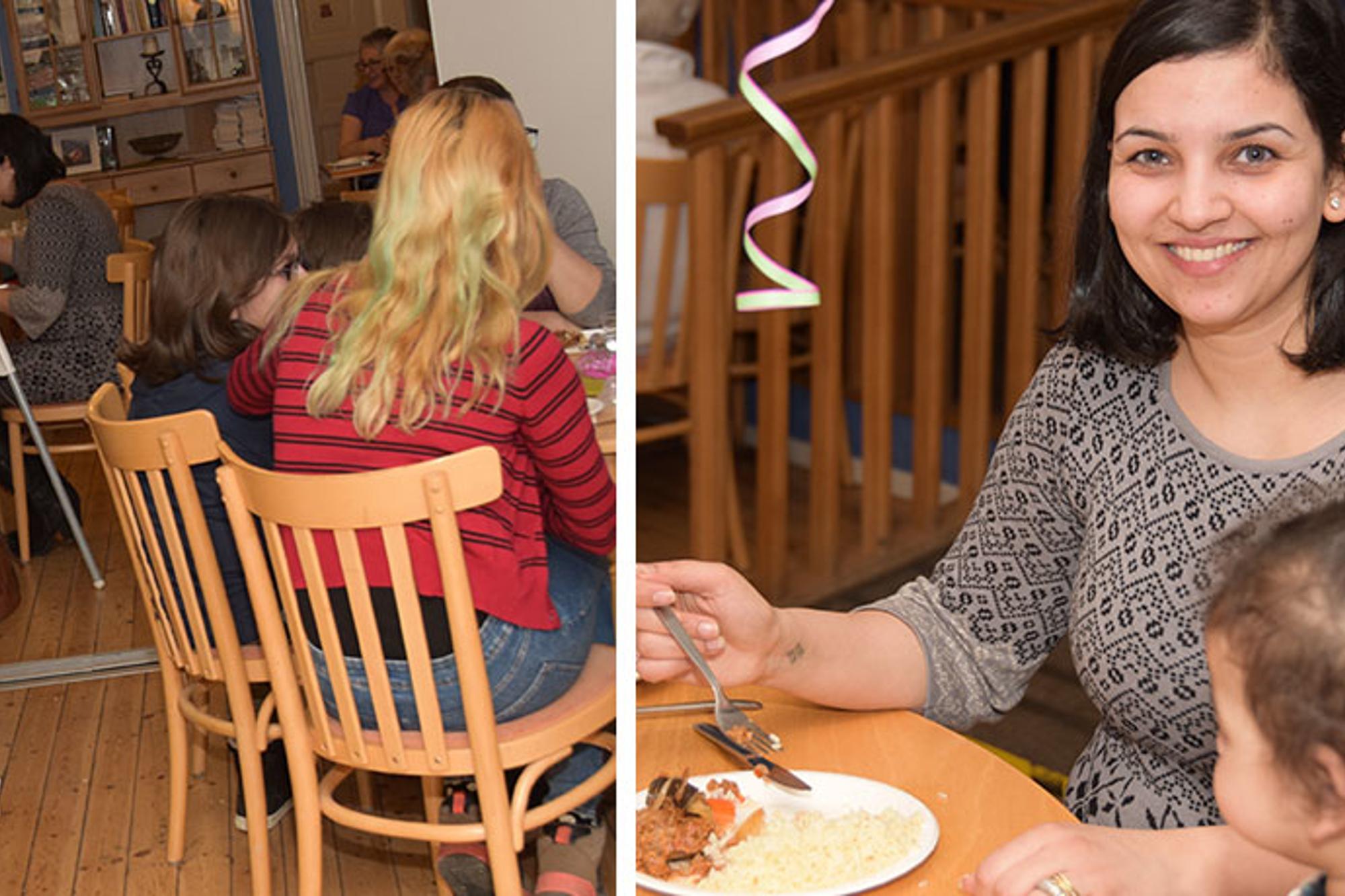 Till vänster: Olika bord med familjer som sitter och äter. Till höger: En glad kvinna som tittar in i kameran. Bredvid henne sitter en ung flicka.