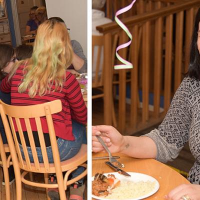 Till vänster: Olika bord med familjer som sitter och äter. Till höger: En glad kvinna som tittar in i kameran. Bredvid henne sitter en ung flicka.