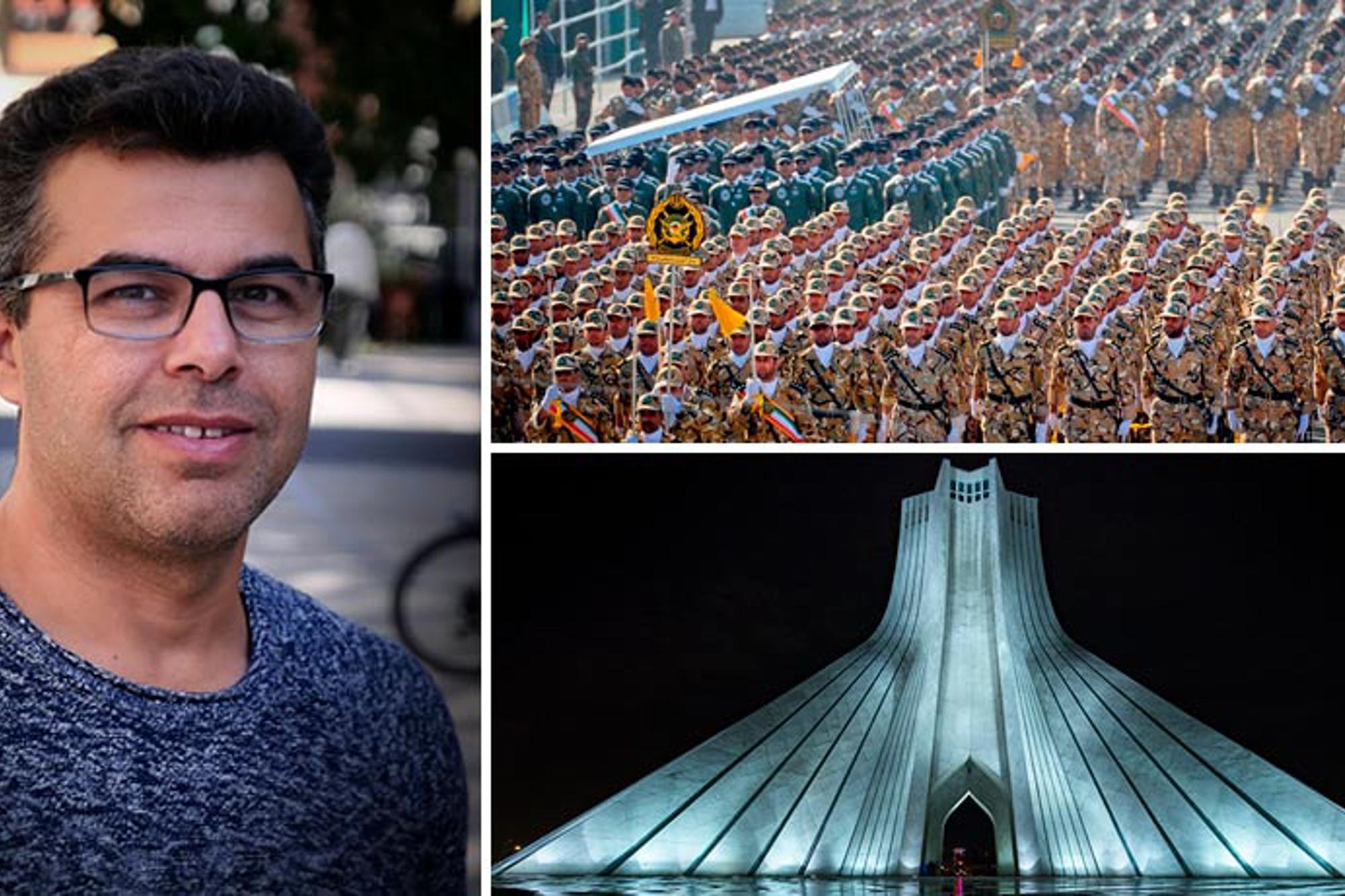 Till vänster: Porträttbild av Hossein Bahrami. Till höger: Två bilder tagna från Iran. Den ena bilden är på en hög byggnad och den andra är på en soldatmarsch.