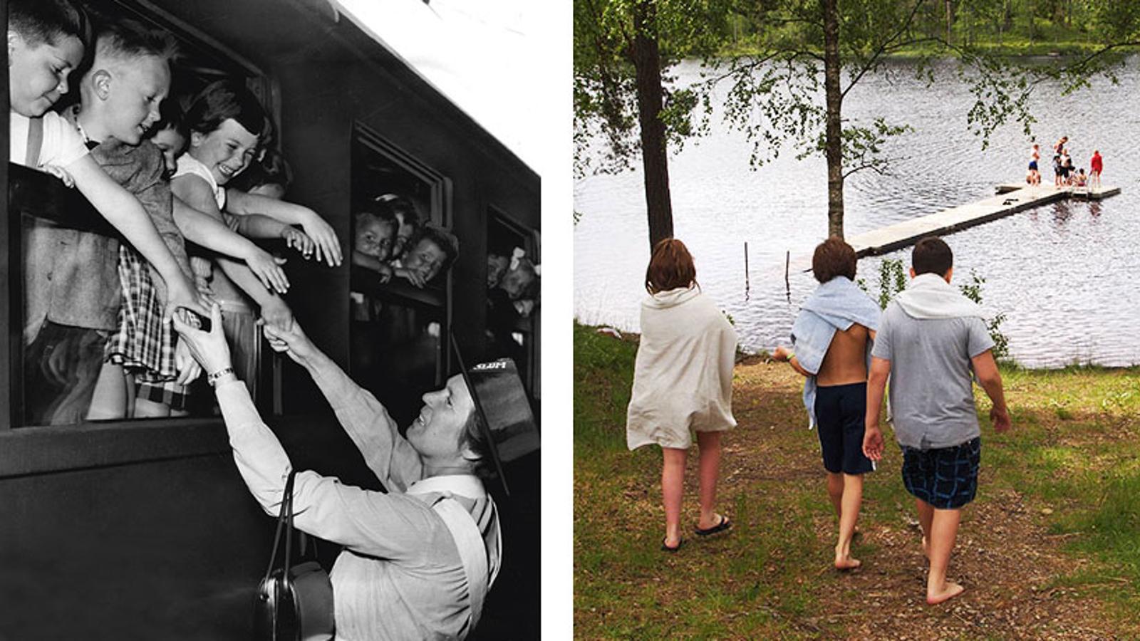 Till vänster: En bild från år 1955 på ett tåg på Östra Station med barn som var på väg till sommarkollot. Till höger: Tre barn med handdukar som går ner för en stig mot en brygga. På bryggan står det ett gäng barn.