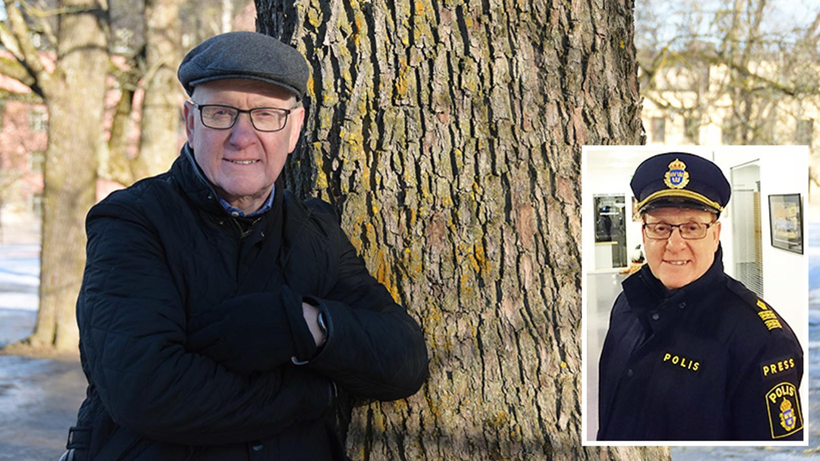 Till vänster: Porträttbild av Christer Nordström som står lutad mot ett träd, med armarna i kors, och ler mot kameran. Till höger: Bild på Christer i polisuniform.