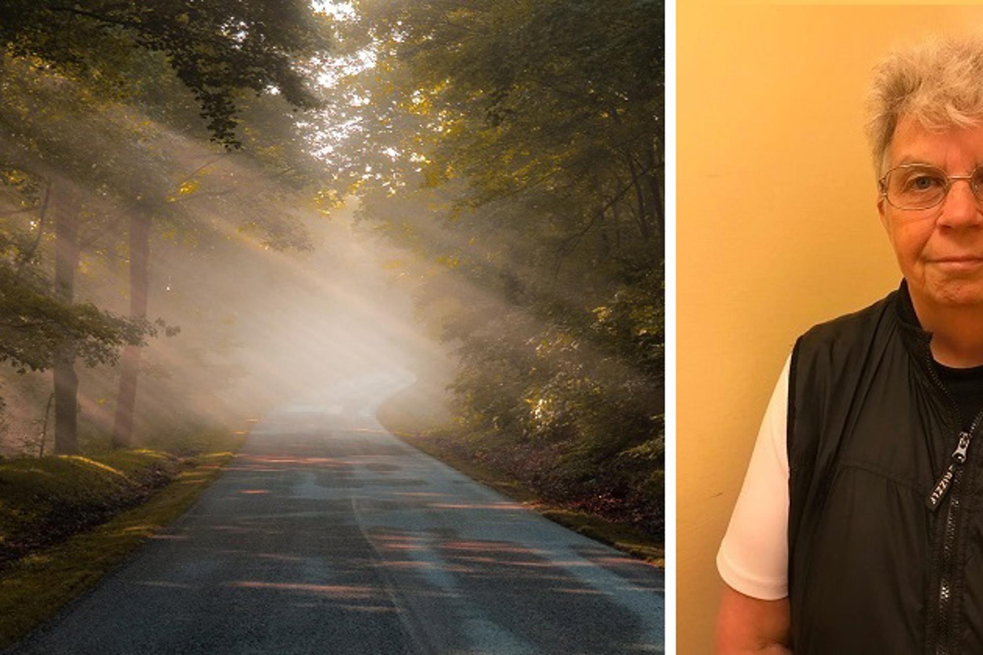 Till vänster: En asfalterad väg med träd som står längs båda sidorna av vägen. Till vänster om vägen kikar solstrålar fram genom trädkronorna. Till höger: Porträttbild av Karin Sundell.