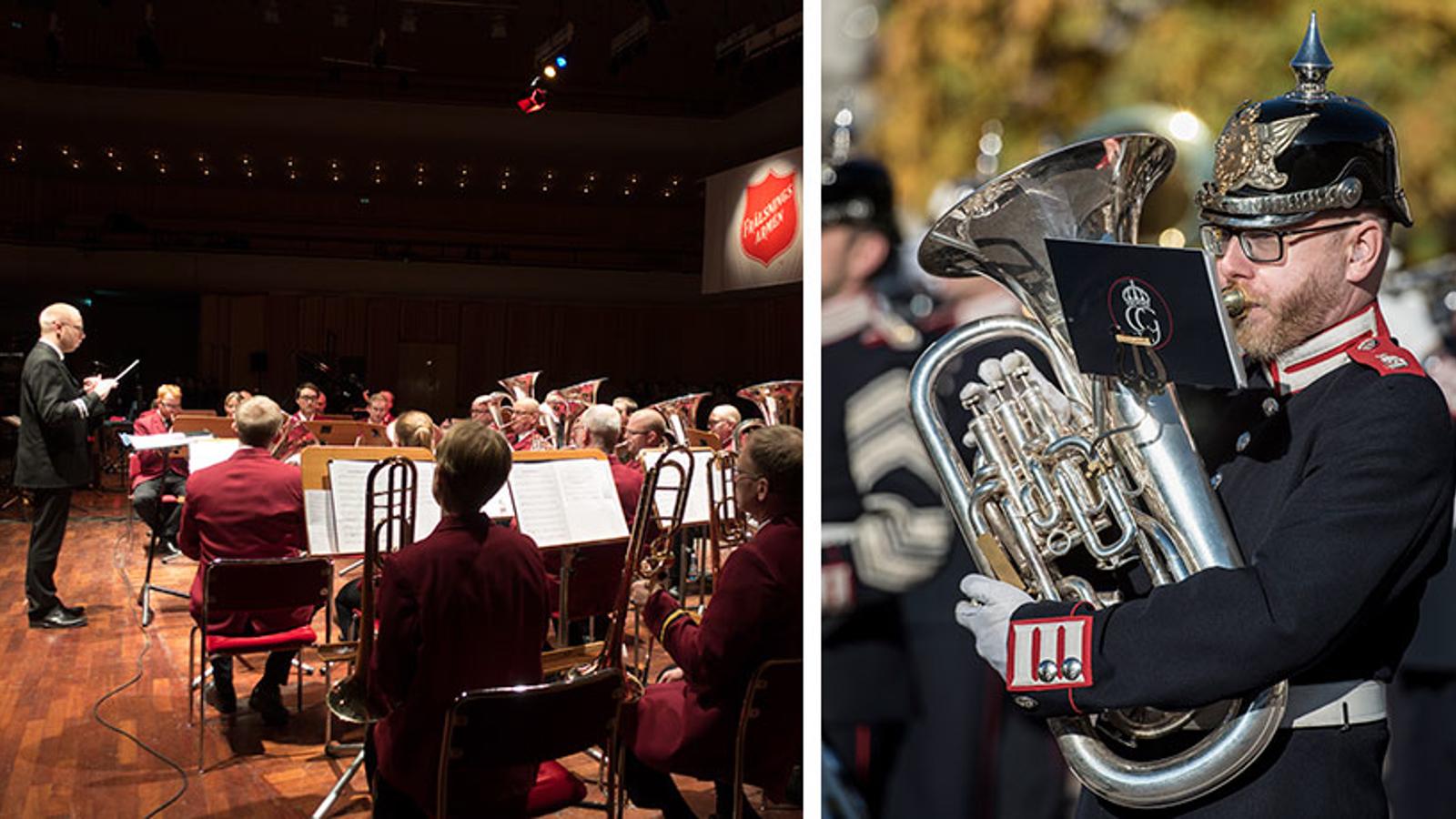 Till vänster: Ryggtavlorna på Frälsningsarméns ensemble, och till vänster står en dirigent. Till höger: En man i soldatuniform som spelar bastuba.