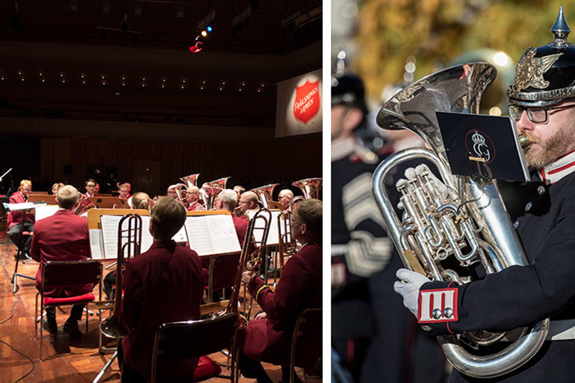 Till vänster: Ryggtavlorna på Frälsningsarméns ensemble, och till vänster står en dirigent. Till höger: En man i soldatuniform som spelar bastuba.