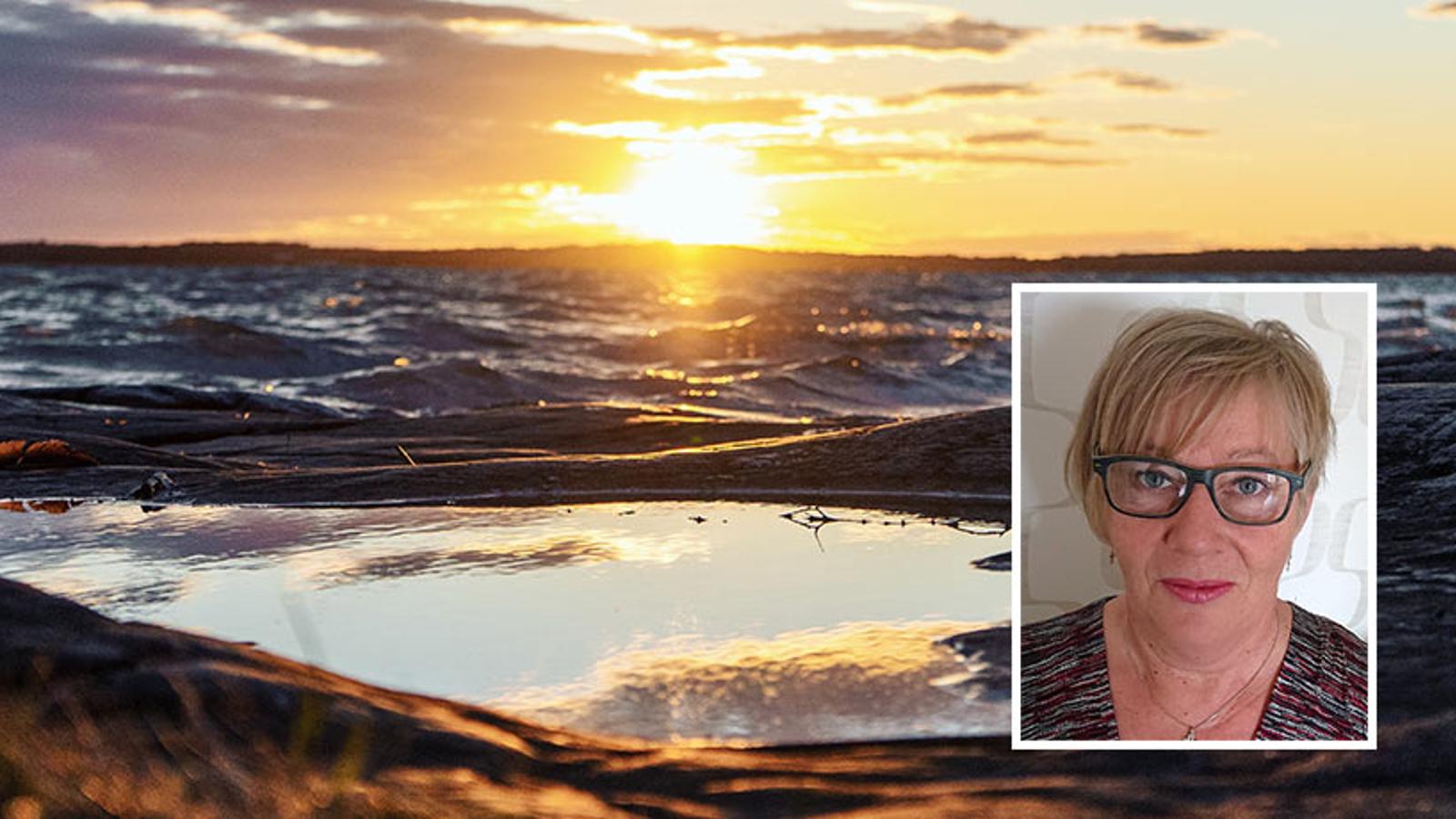 Till vänster: En vattenpöl med en solnedgång i bakgrunden. Till höger: Porträttbild av Rita Olafsen.