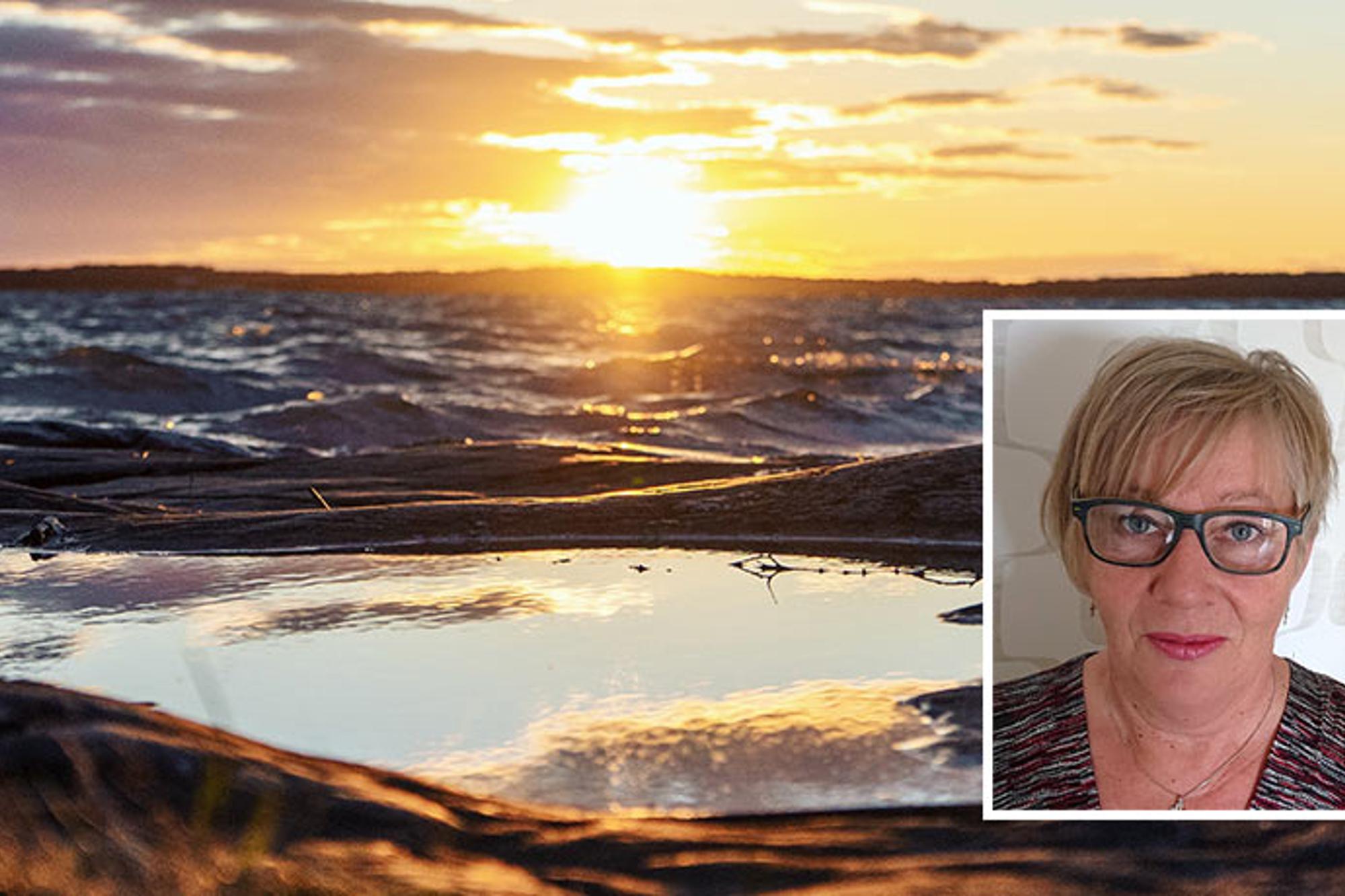 Till vänster: En vattenpöl med en solnedgång i bakgrunden. Till höger: Porträttbild av Rita Olafsen.