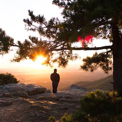 Ryggtavaln på en person som står på ett berg och ser ut över utsikten samt en solnedgång.