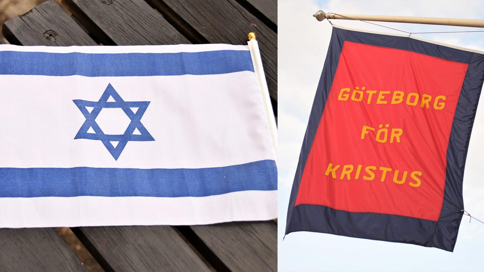 Israels flagga och flaggan för Frälsningsarmén i Göteborg med texten "Göteborg för Kristus"